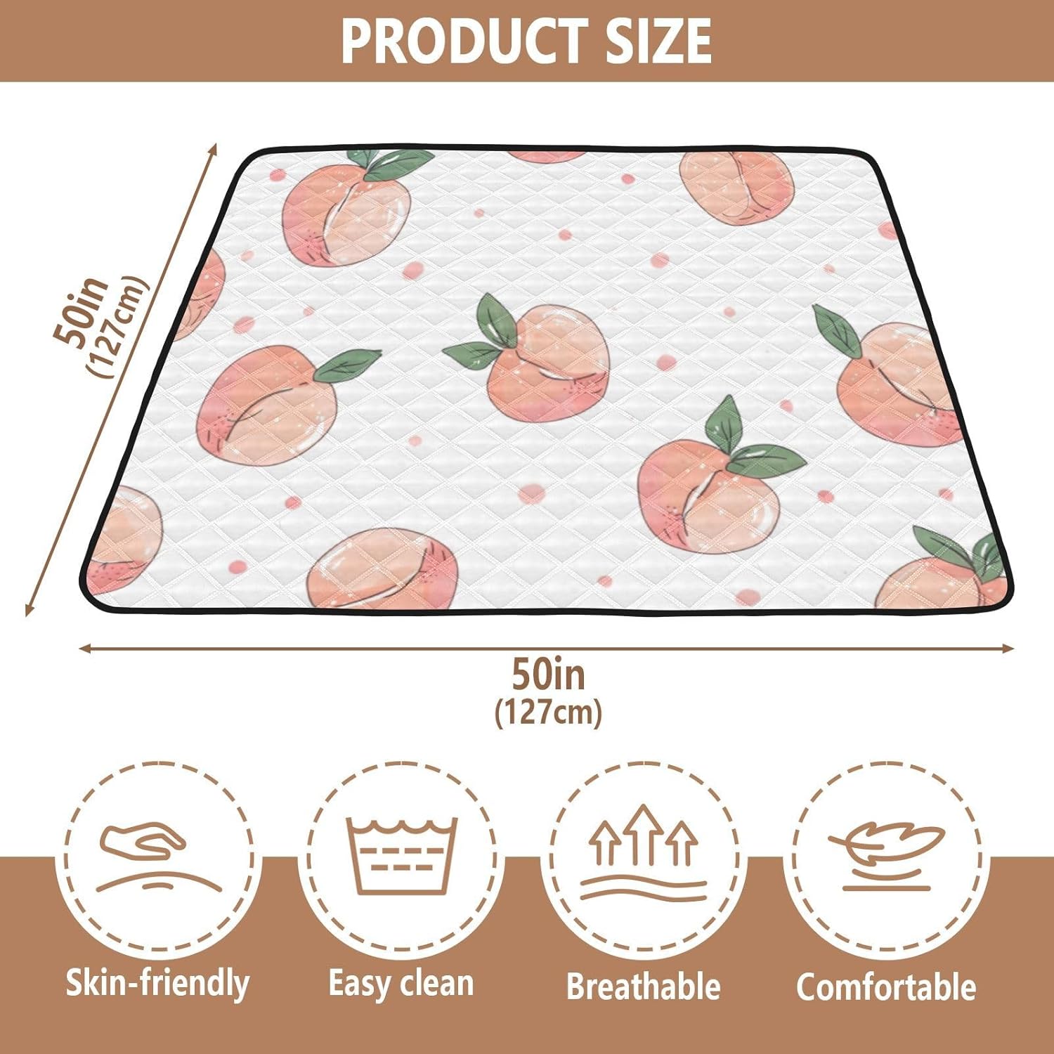Peach Pattern Baby Play Mat 50 x 50 Inch Play Mat Perfect for Use Baby Playpen Foldable Non-Slip PlayMats for Infants Babies Toddlers