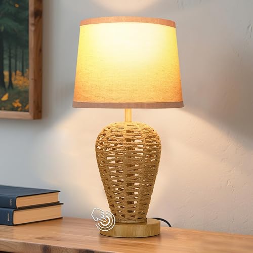 Lámpara de mesa bohemia con control táctil, lámpara de mesa de noche de ratán regulable de 3 vías con bombilla LED para dormitorio, sala de estar,