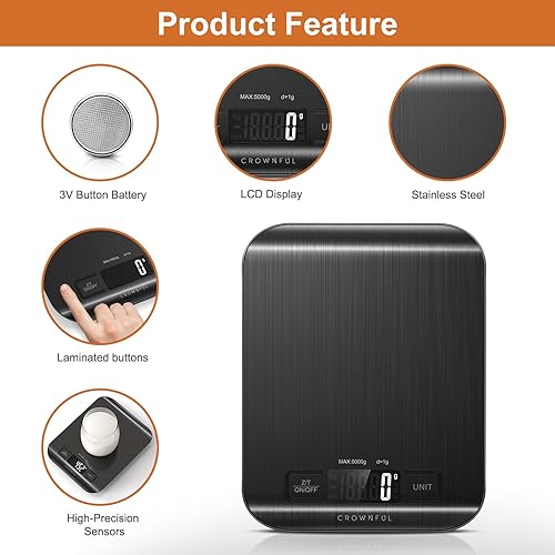 Miniatura 4 de CROWNFUL Báscula de alimentos digital de 11 libras con batería de monedas integrada, peso de onzas y gramos para cocinar y hornear, 6 unidades con
