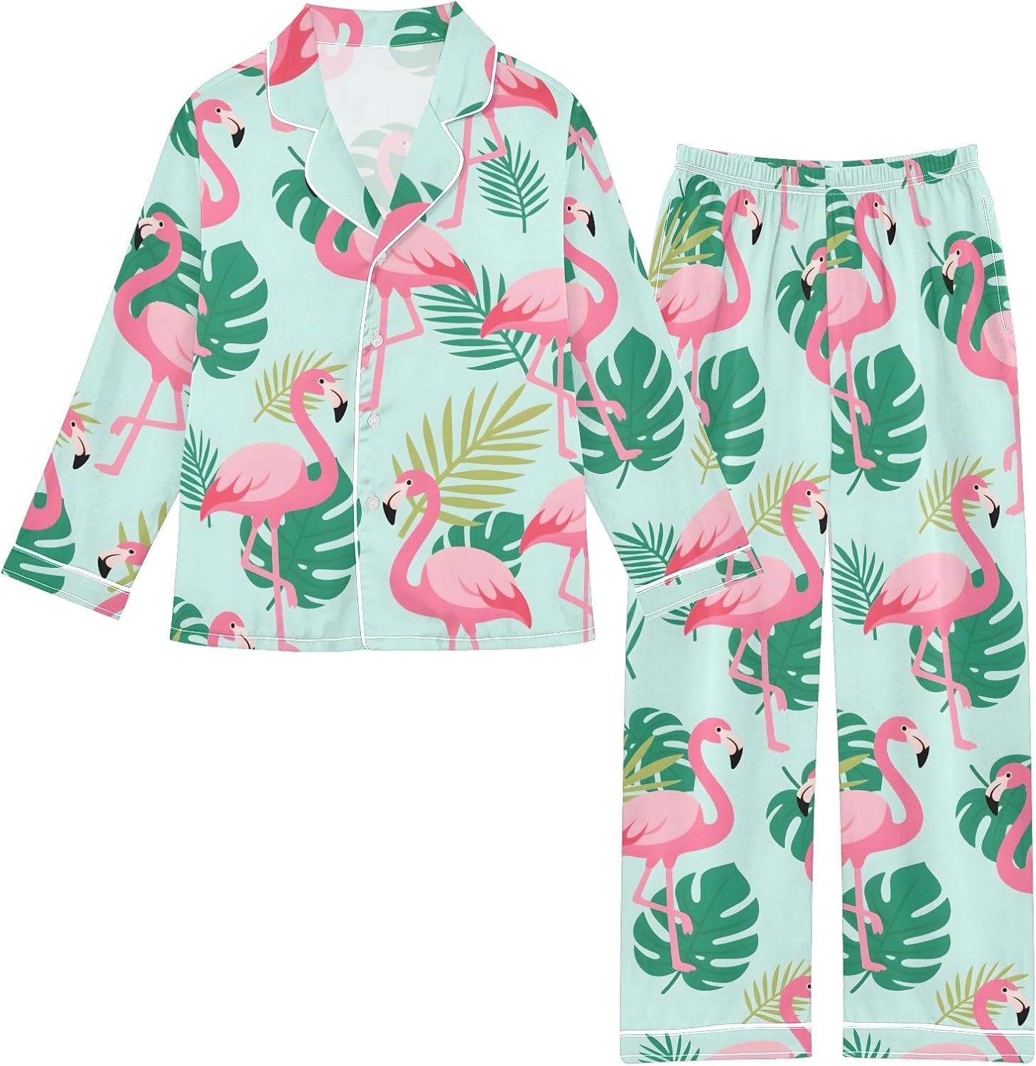 Kids Casual Satin Wear Set Flamingo Tropical Leaves Pattern Unisex Relaxed Fit Clothing