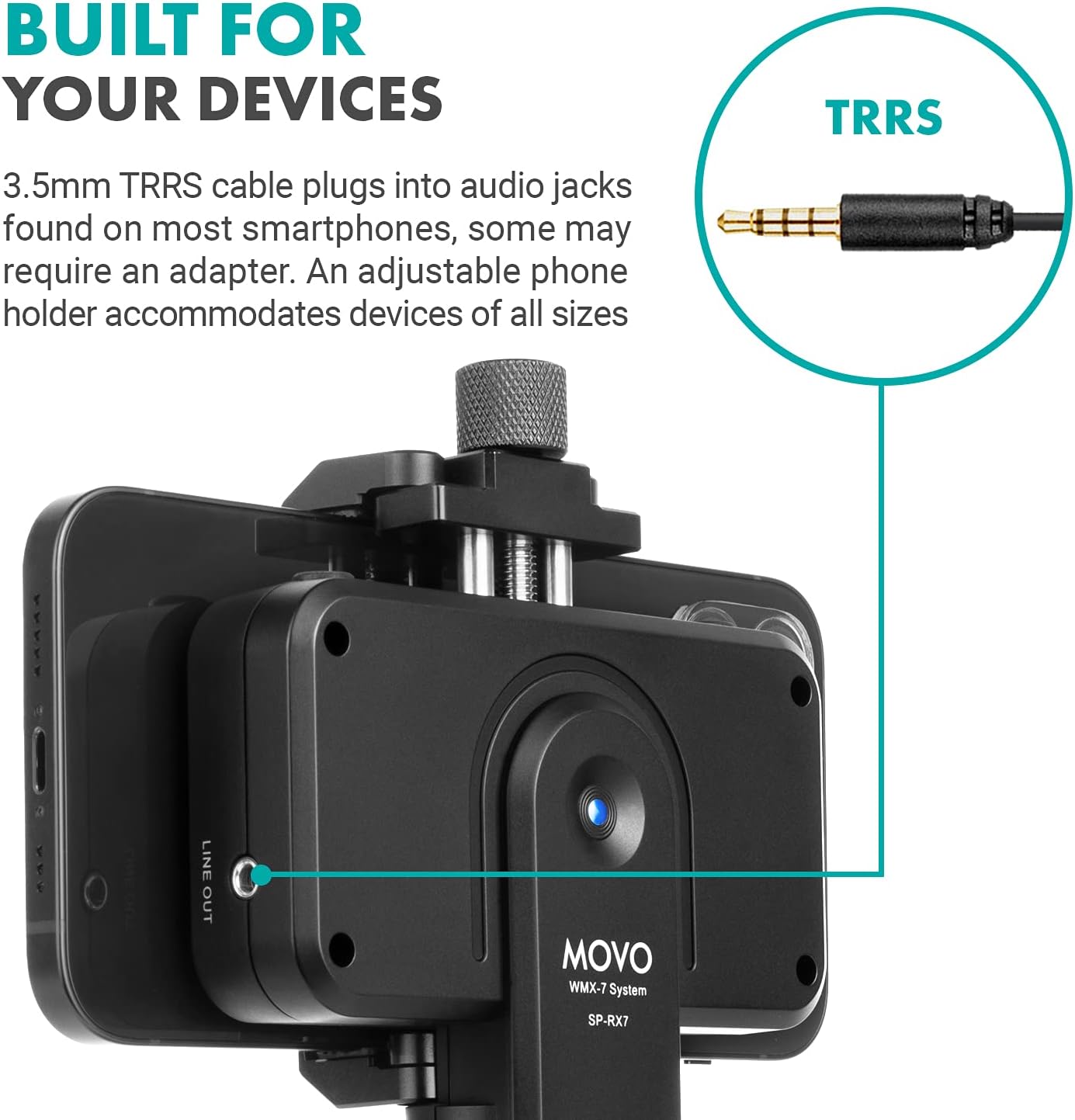 Close-up of the Movo WMX-7-SP receiver connected to a smartphone via a 3.5mm TRRS cable.