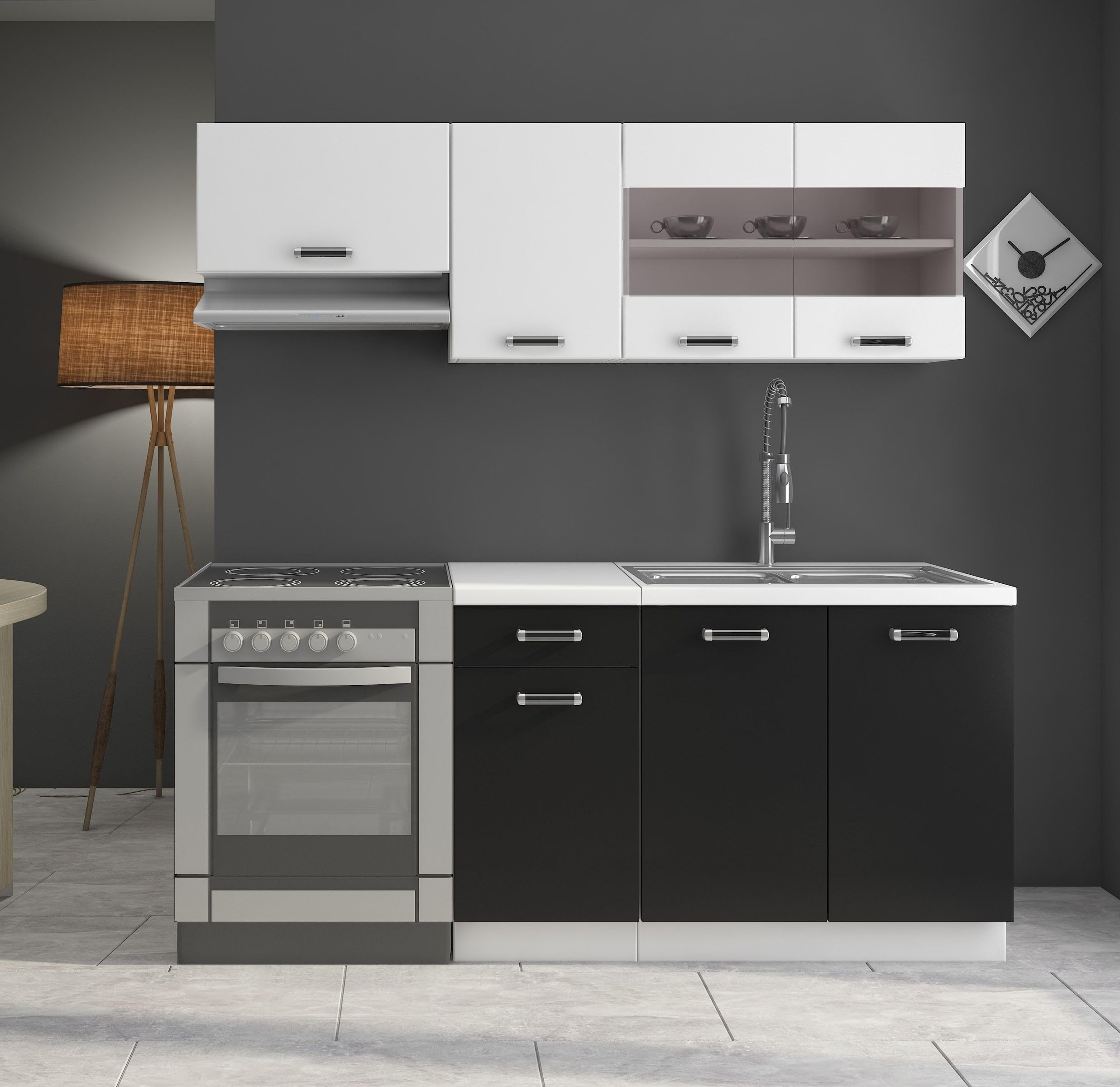 Küche Omega Mini 180 cm Küchenzeile Küchenblock Singleküche Schwarz Weiss