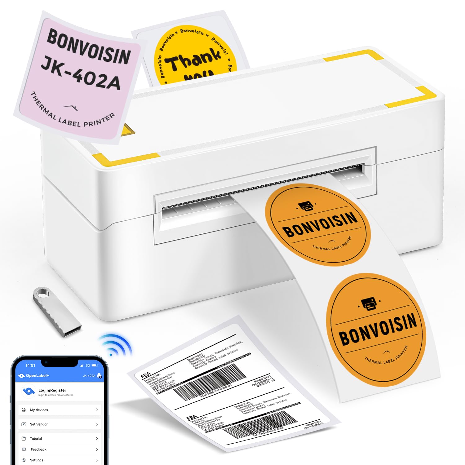 Bonvoisin Stampante termica per etichette, 4x6, stampante termica portatile USB e Bluetooth a doppio uso per ufficio, 150-180 mm/s, compatibile con Android e IOS (EU)