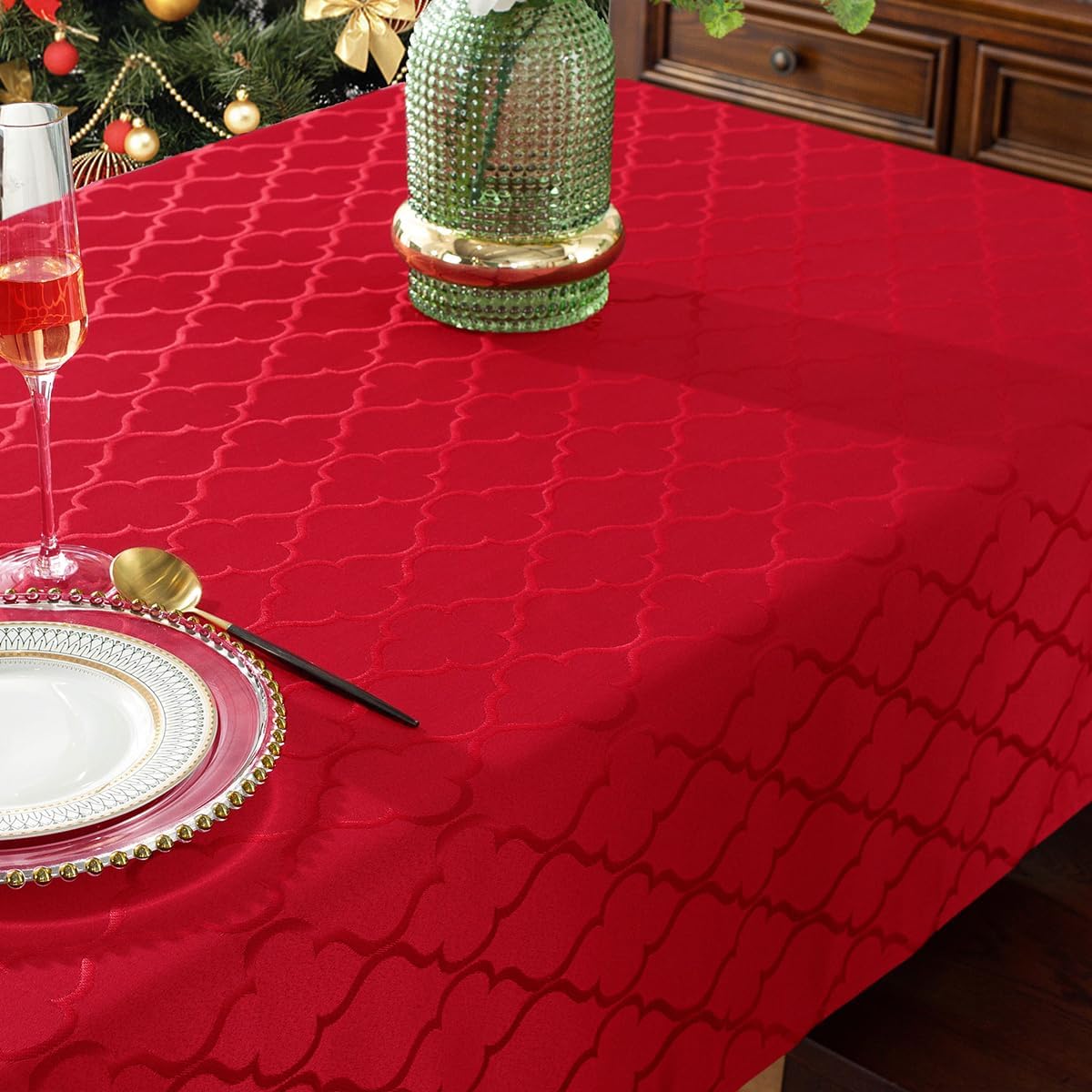 SASTYBALE Rectangular Tablecloth Jacquard Damask Fabric Table Cloth Water Resistant & Wrinkle Free Polyester Table Cover for Dining, Party, Xmas (Rectangle/Oblong, 52" x 70" (4-6 Seats), Red) - Image 3
