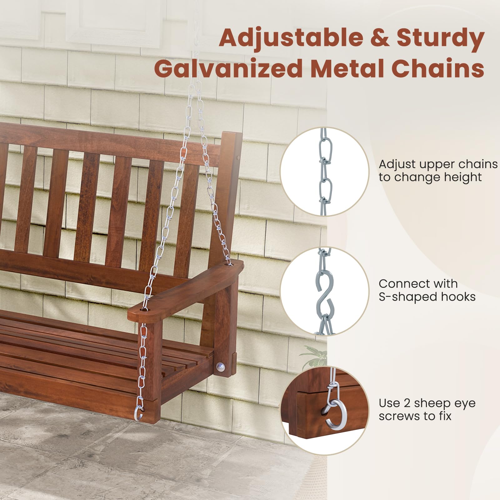 KOMFOTTEU Banc Suspendu 2-3 Places Balançoire Jardin Bois Massif Fauteuil Suspendu Charge 230/360 kg 168x65x63 cm Marron