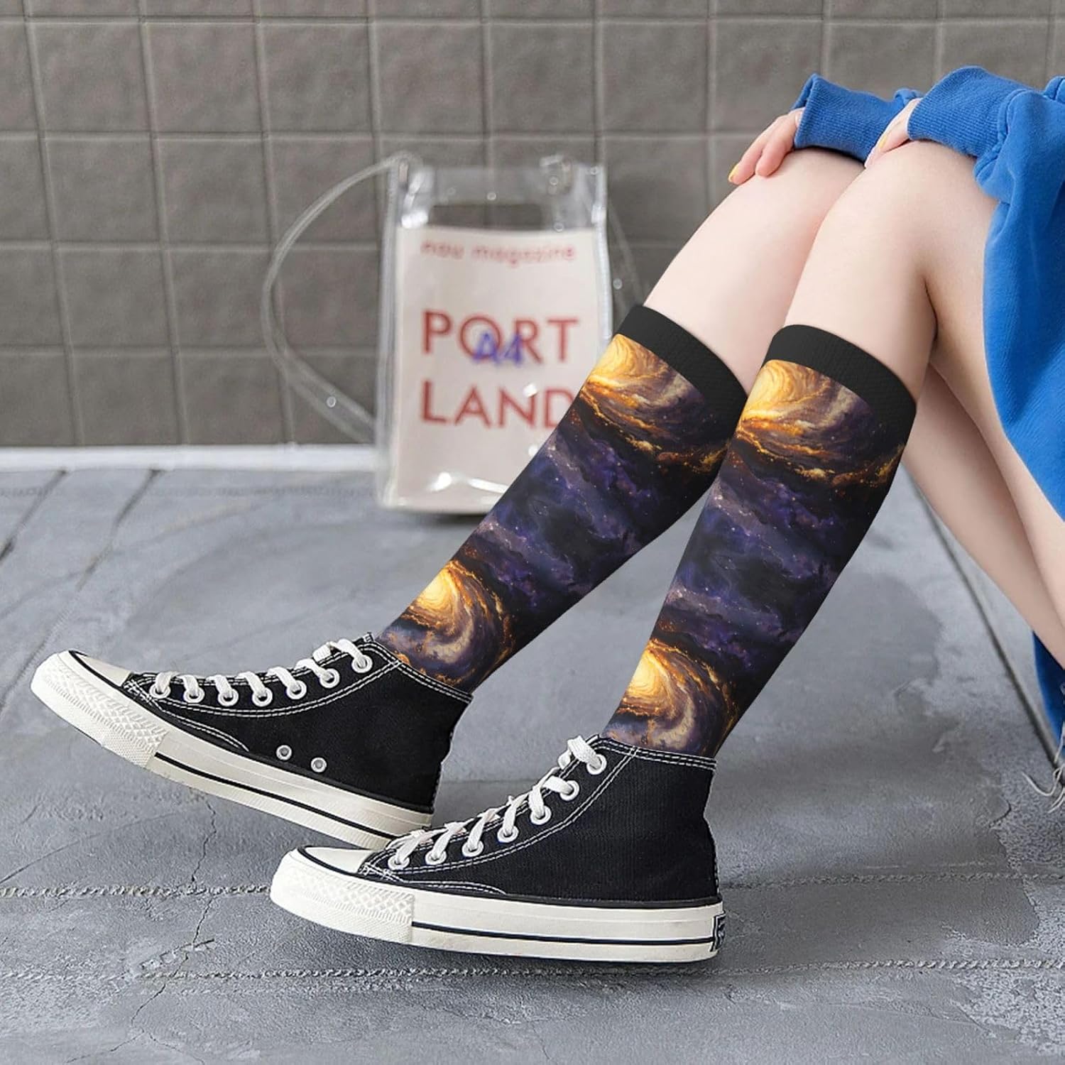 Galaxy Print Breathable Crew Neck Athletic High Socks,Suitable For Sports,Running,And Travel.