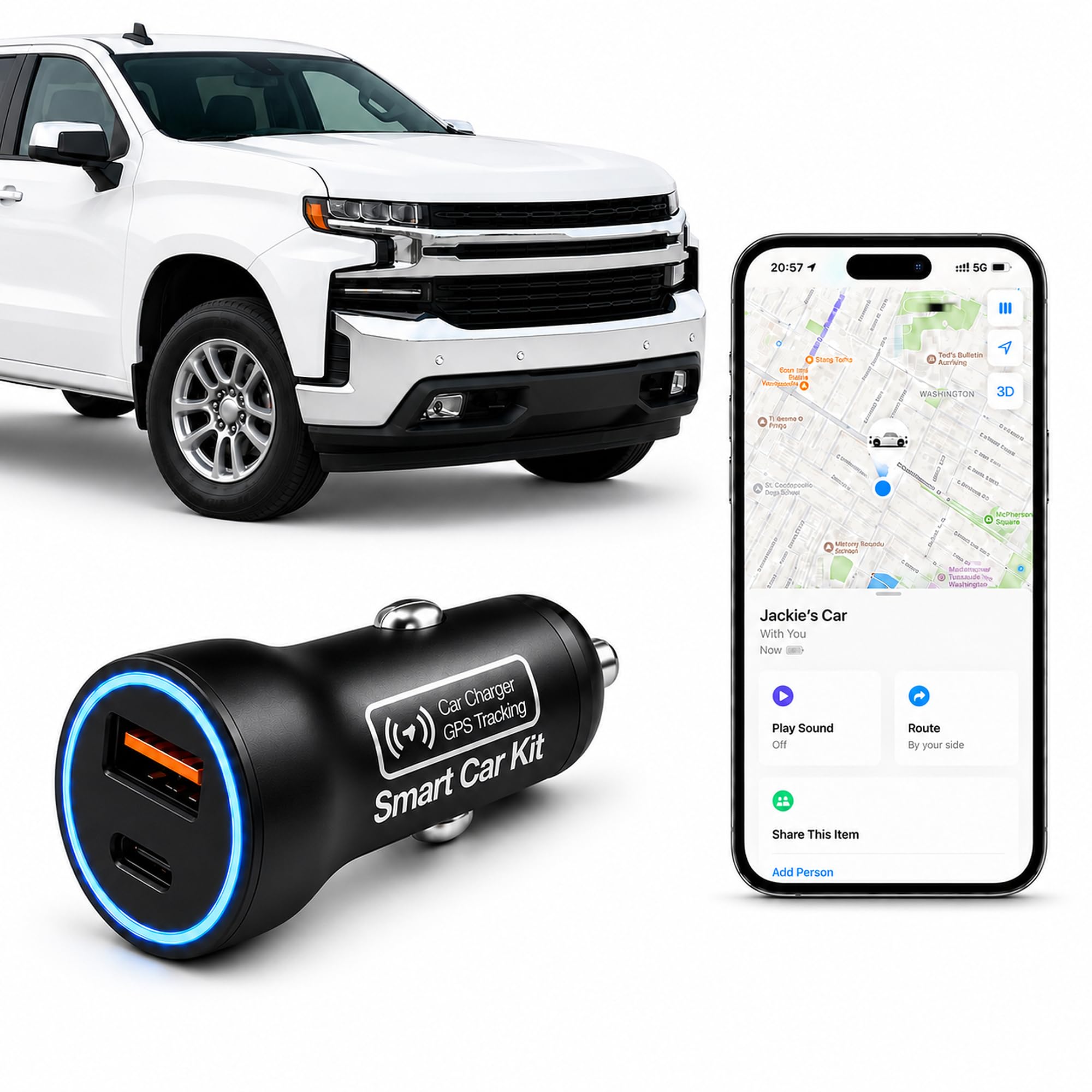 Localizzatore GPS 2 in 1 per veicoli e caricabatterie da auto, localizzatore per accendisigari con doppia porta USB-A e USB-C di ricarica rapida, funziona con Apple Find My, dispositivo di