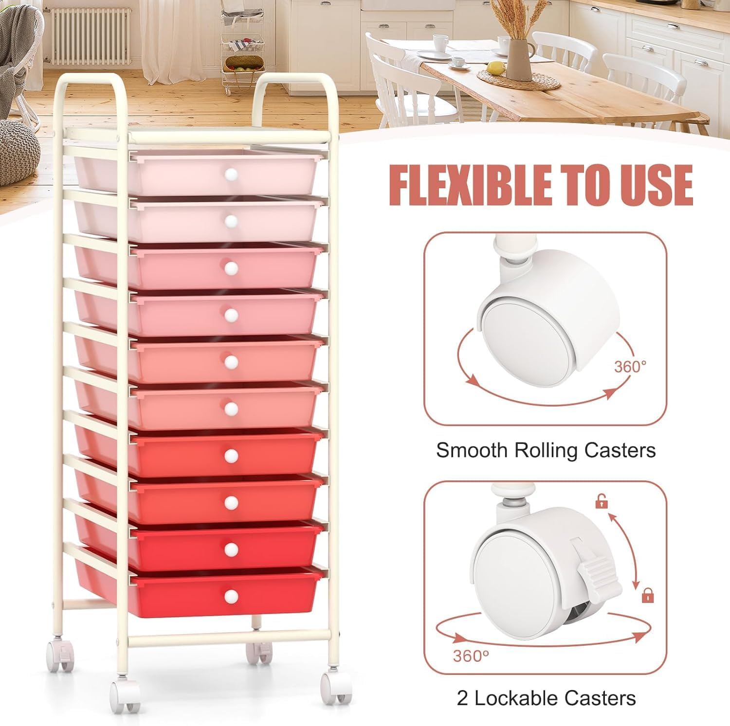 LDAILY 10-Drawer Rolling Storage Cart, Rolling Storage Cart, Storage Organizer on Wheels, Metal Frame, Scrapbook Paper Tools, Suitable for Office School, Classroom (Gradient Pink, 10 Drawer)