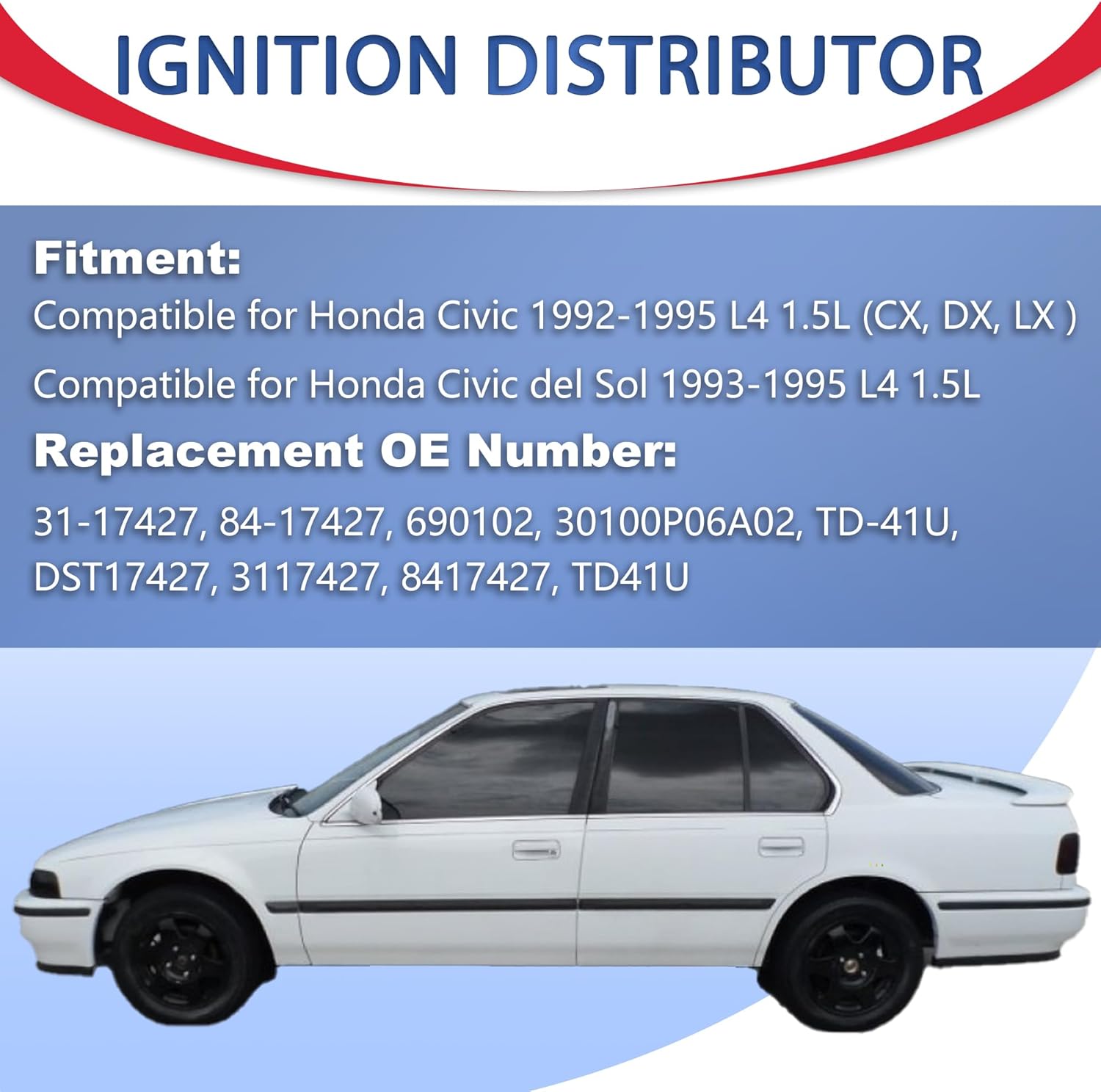 Ignition Distributor 2+7 Pins Compatible for 1992-1995 Honda Civic / 1993-1995 Civic del Sol 1.5L Cap and Rotor kit Replacement 30100P06A02 TD-41U