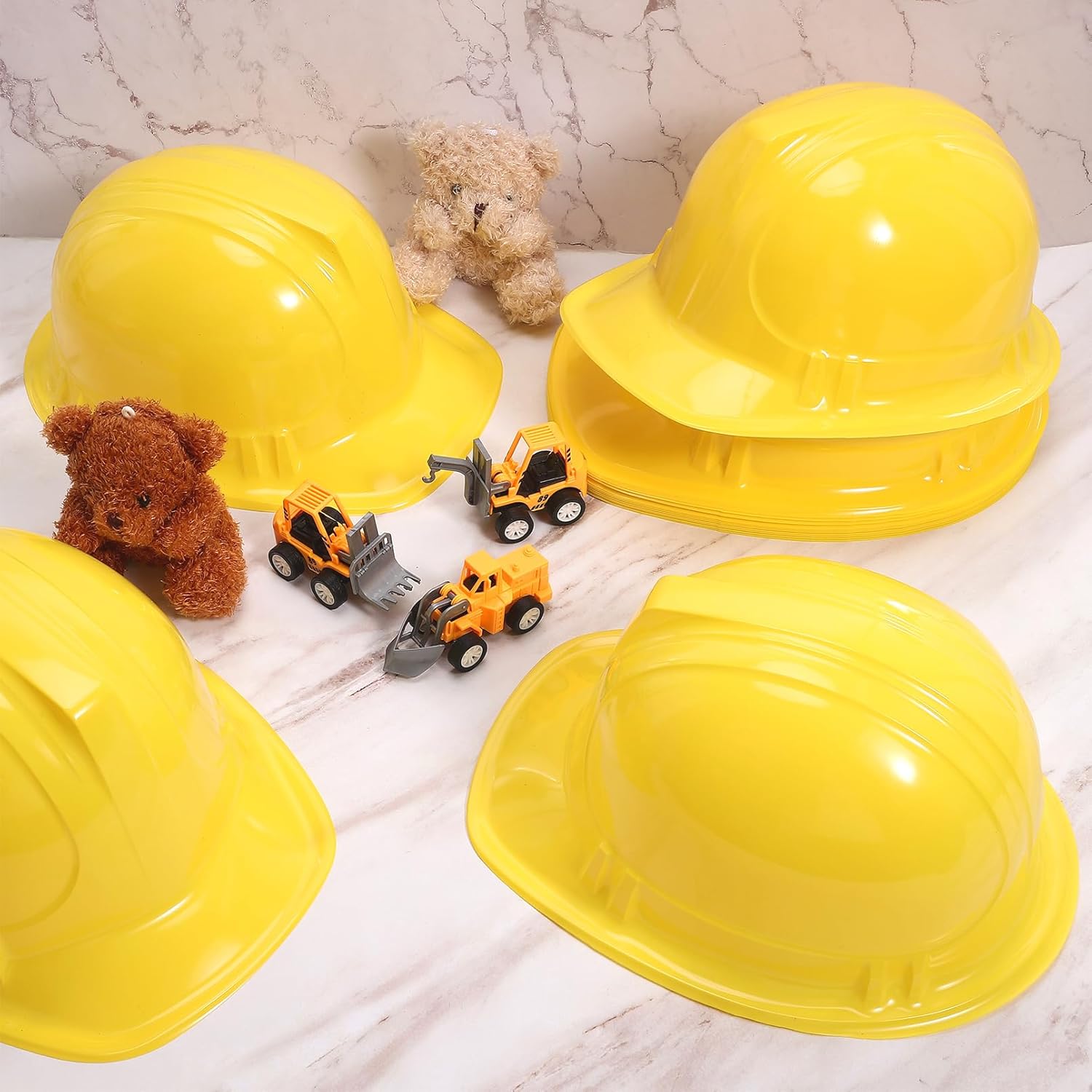 Blcculi 16 Pack Yellow Soft Plastic Hard Hats, Toy Construction Worker Helmets for Dress-Up and Party Supplies