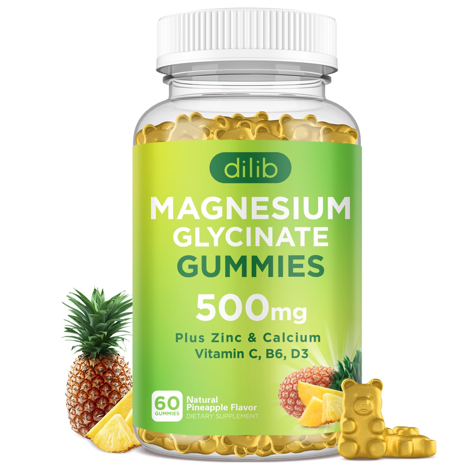 Magnesium Glycinate Gummies 500mg Magnesium Supplement with Calcium, Zinc, Vitamin C, B6, D3-Calm Chewable Gummies for Kids & Adults-Sleep, Mood & Muscle Support-Pineapple Flavor, 60 Gummies Pineapple 60 Count (Pack of 1)