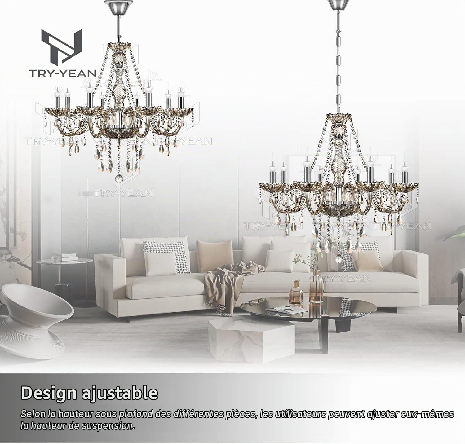 Lustre à 8 Bras Lustre Cristal Moderne Couleur Cognac Pampille Suspension Lampe de Plafond Verre Cristal K5 avec Chaîne Réglable pour Chambre, Salon, Salle à Manger, Restaurant, E14