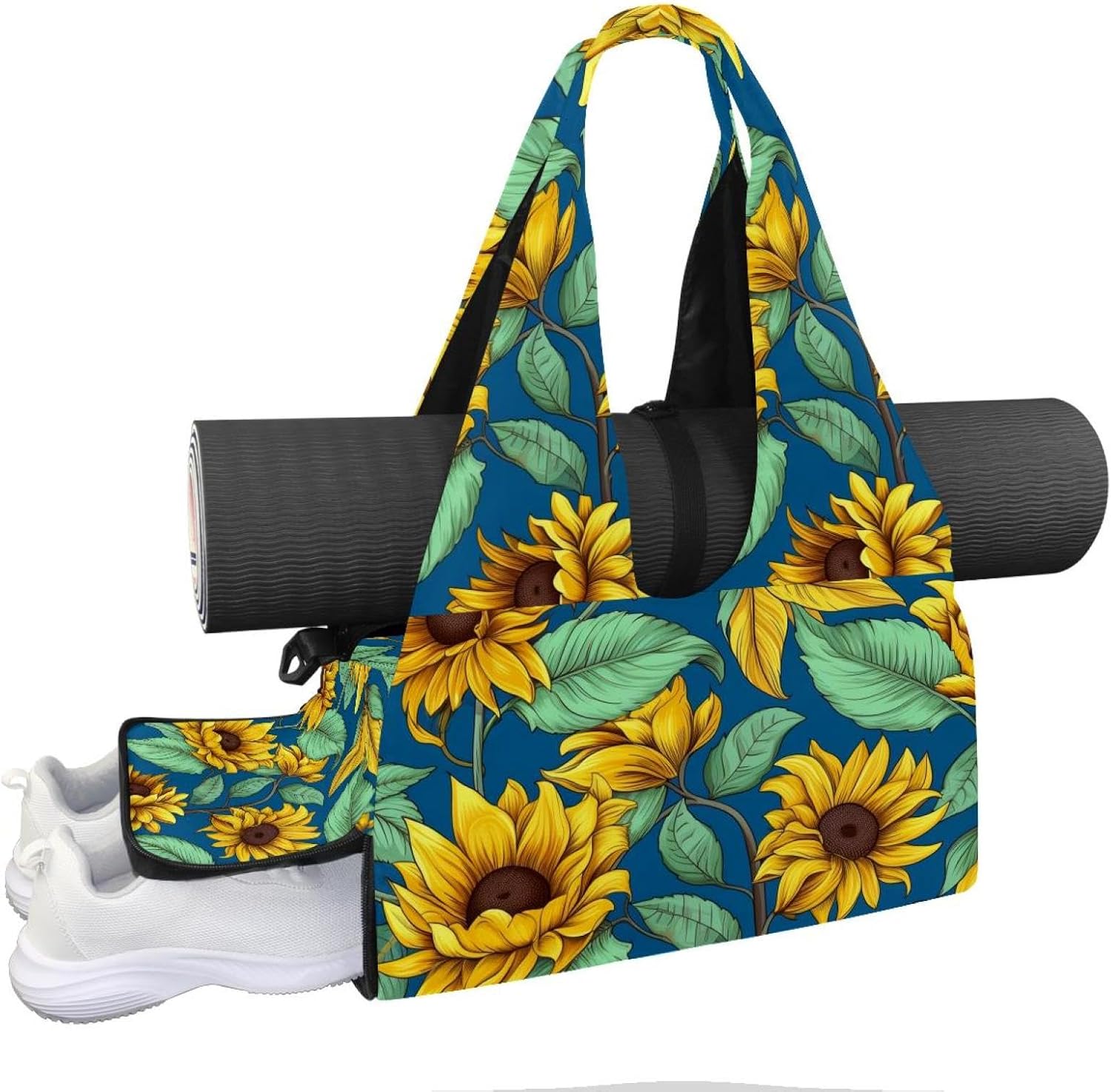 Gym Bag for Women, Sunflowers Leaves Yoga Mat Bag with Shoe Compartment, Sport Yoga Gym Bag with Yoga Strap, Carryall Yoga Tote Bag