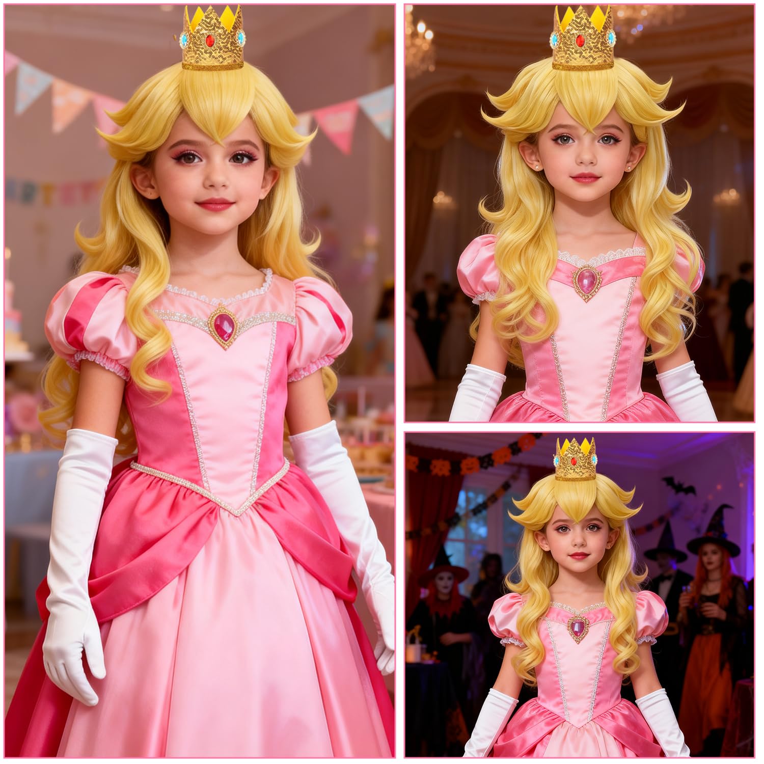 7pcs Girls Golden Blonde Princess Wig Halloween Costume Wig SL056 | Kids Long Wavy Wig with Crown Accessories, Pre-Cut Bangs, Tangle-Free & Ready to Wear for Cosplay Party Halloween