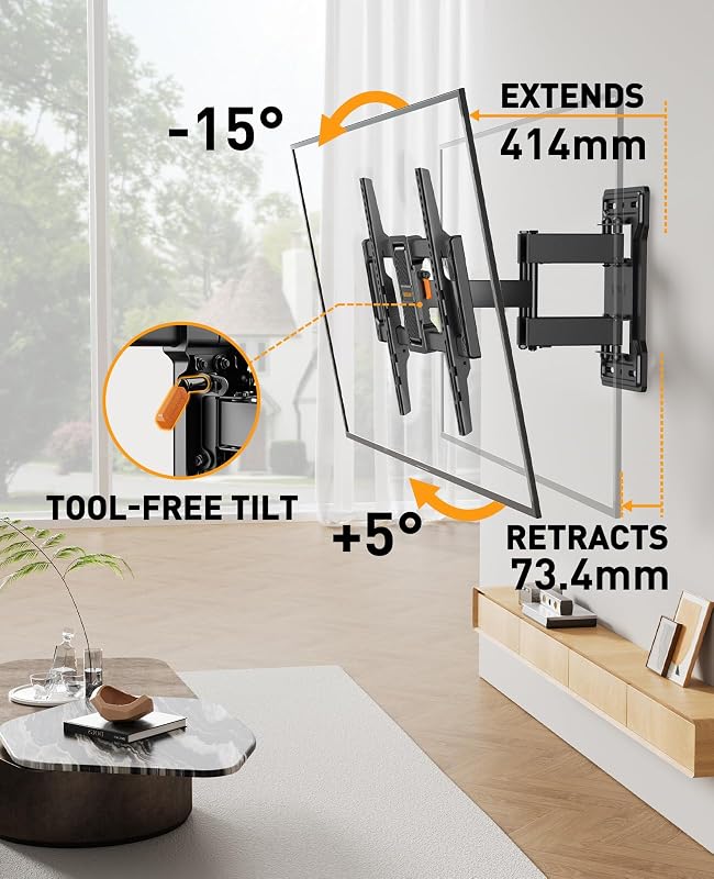 Perlegear fekete TV fali konzol dönthető és forgatható 42-86 hüvelykes lapos és ívelt képernyőkhöz max VESA 600x400, 60 kg-ig