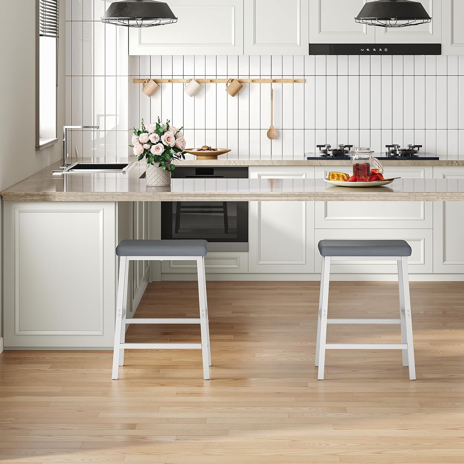 hoobro bar stools, set of 2 bar chairs, counter height bar stools, 24 inch barstools for kitchen counter, pu upholstered kitchen stools, for kitchen, bar, dining room, white and gray wg01md01 gray + white