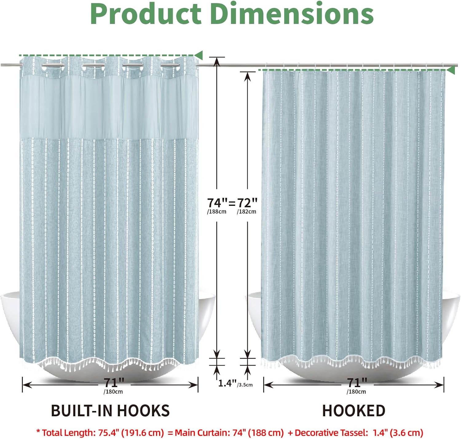 eachope Boho Farmhouse No Hook Shower Curtain Set with Snap-in Fabric Liner,Heavy-Duty Linen Textured Rustic Striped Design,Water-Repellent with Tassels and Sheer Window,Fog Blue,71x74