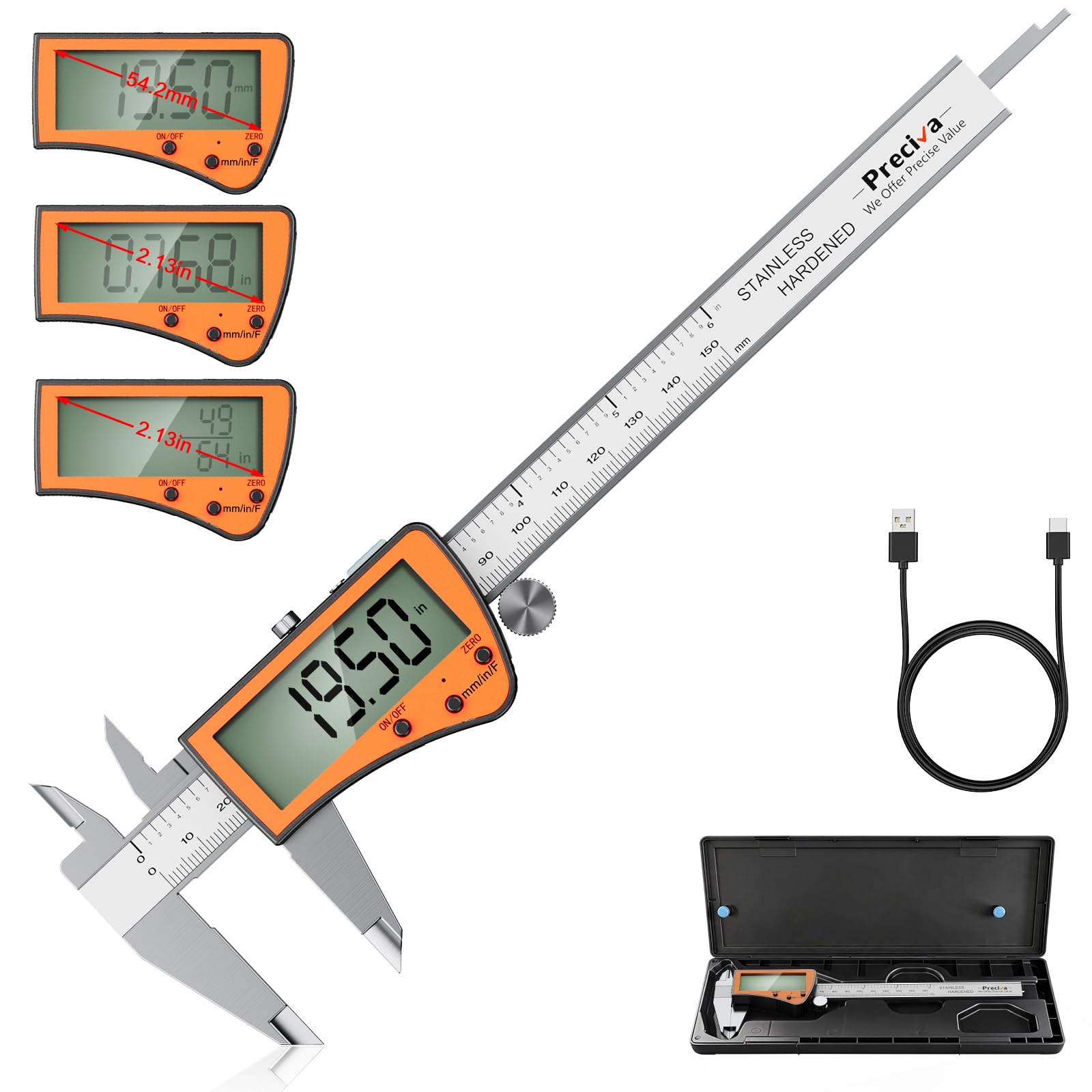 Preciva Calibrador digital recargable, micrómetro de acero inoxidable de pantalla grande con protección IP54