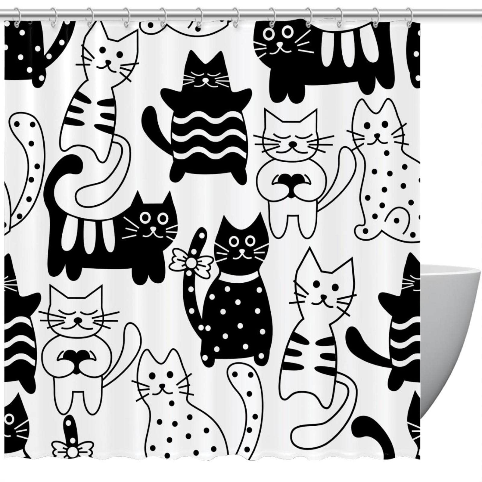 Rideau de douche chat imperméable 152 x 183 cm avec anneaux pour baignoire moderne