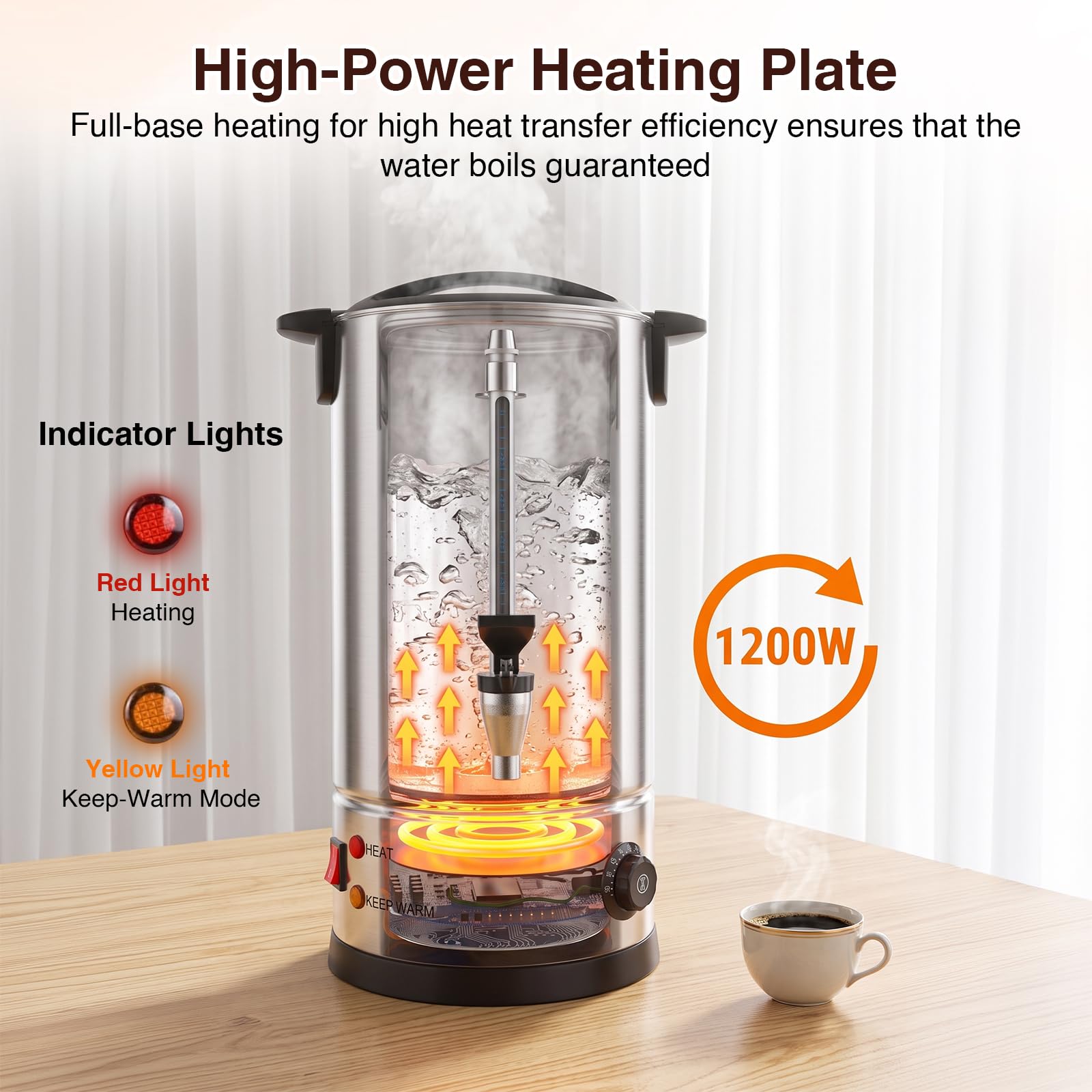 Cafetière urne de 8 l avec filtre rond, en acier inoxydable 304, avec réglage de la température de 30 à 110 °C et indicateur de niveau, pour maison, fête, bureau, mariage