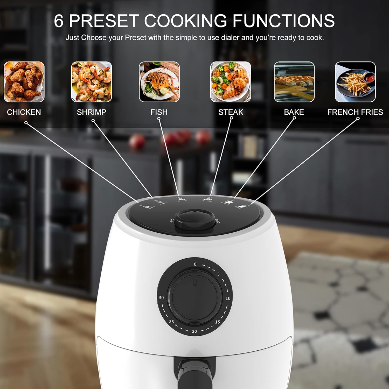 NATIONAL Air Fryer showing 6 preset cooking functions