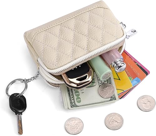 Miniatura 3 de XEYOU Monedero pequeño de piel auténtica con llavero y anillo, Blanco apagado, Casual
