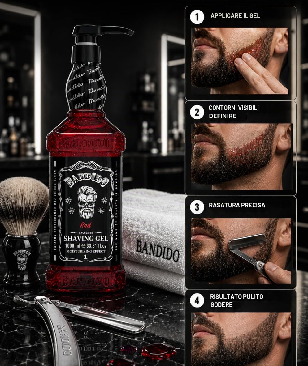 Bandido Shaving Gel Men Red & Blue 1000 ml Gel da barba trasparente da uomo, rasatura precisa dei contorni della barba con ogni rasoio da uomo (Red 1000 ml)