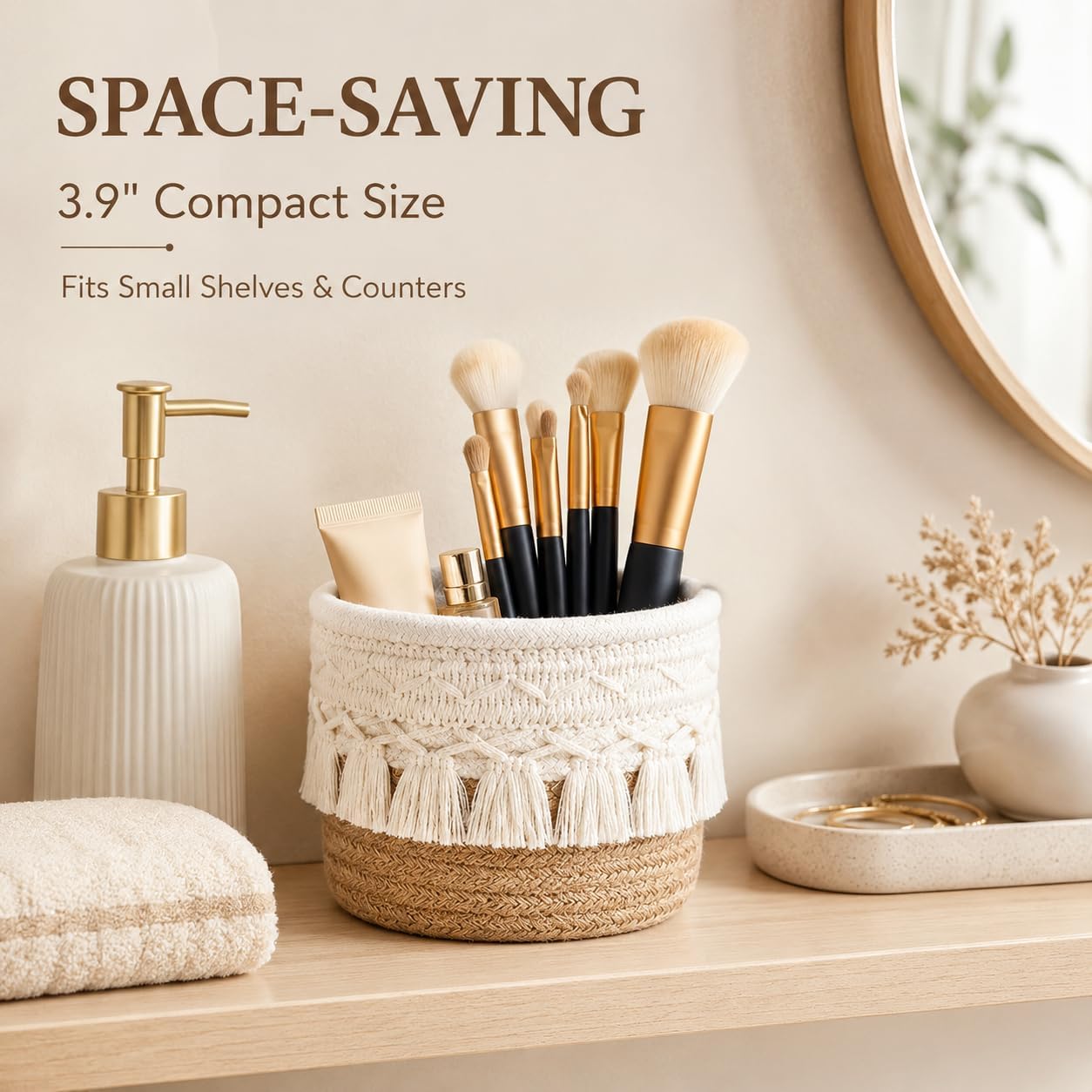 Macrame Makeup Brush Holder Organizer Desk Pen Pencil Cup (Beige)