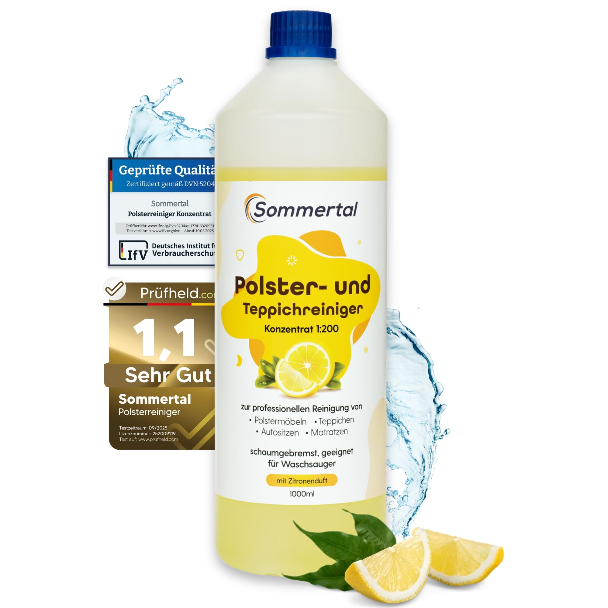 Sommertal Nettoyant professionnel concentré pour tissus d'ameublement et tapis, 1 l, pour plus de 40 lavages, convient pour canapé, coussins, sièges de voiture, tapis, matelas, aspirateur humide et