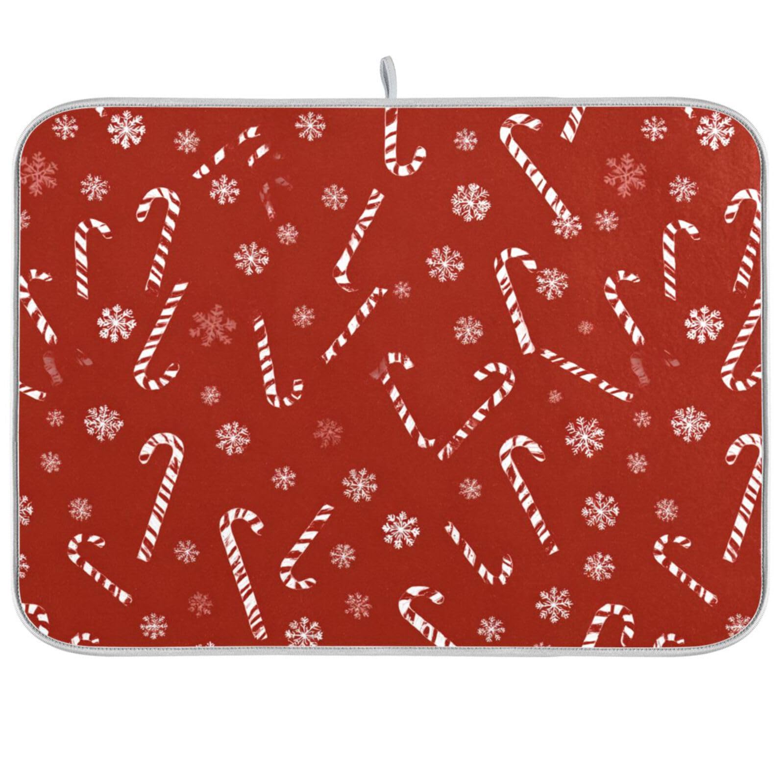 Christmas Candy Canes Dish Drying Mat for Kitchen Counter, Snowflakes Xmas Winter Christmas Tree Microfiber Absorbent Dishes Drainer/Rack Pads under