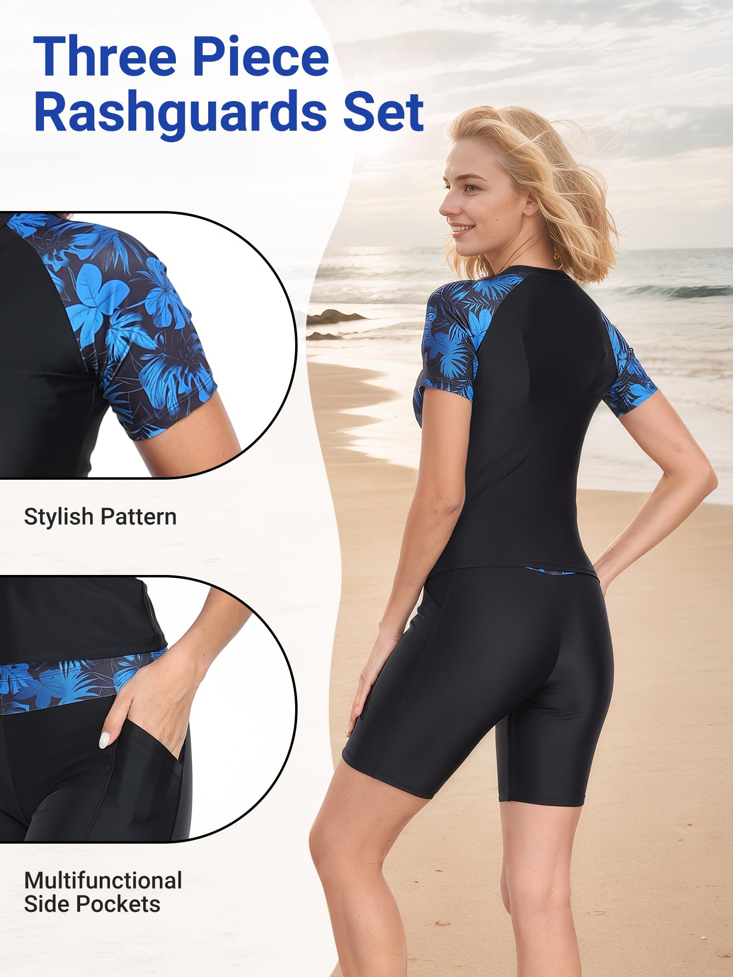 Owntop Maillot de bain 3 pièces Rashguard UPF50+ UV pour femme à manches courtes, haut de bikini et short taille haute