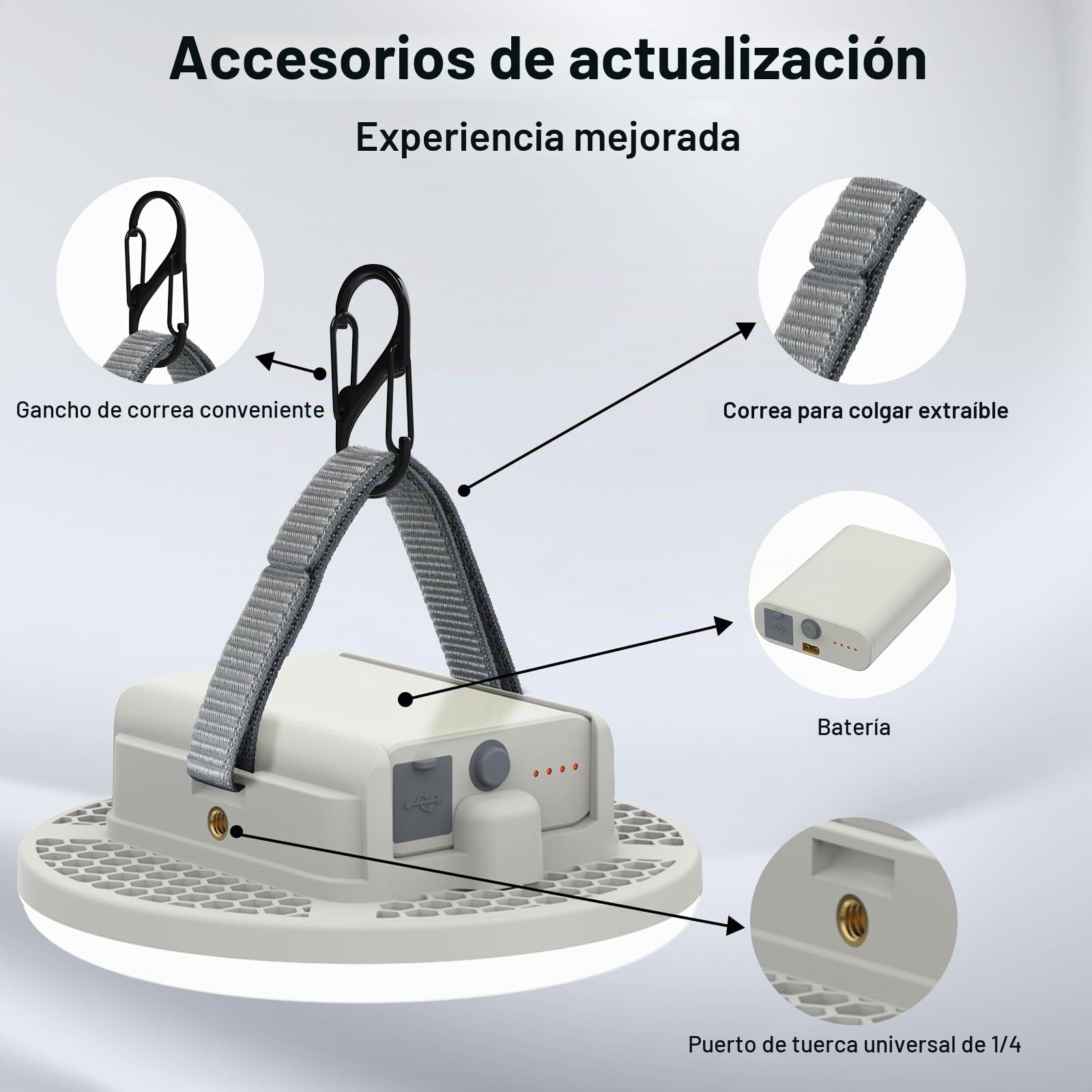 Lámpara Camping Recargable 7200mAh + Batería 2 en 1, Linterna Camping con Luz Cálida y Fría, Regulación de Luminosidad Infinita, Farol Camping con Correa de Gancho y Mosquetón