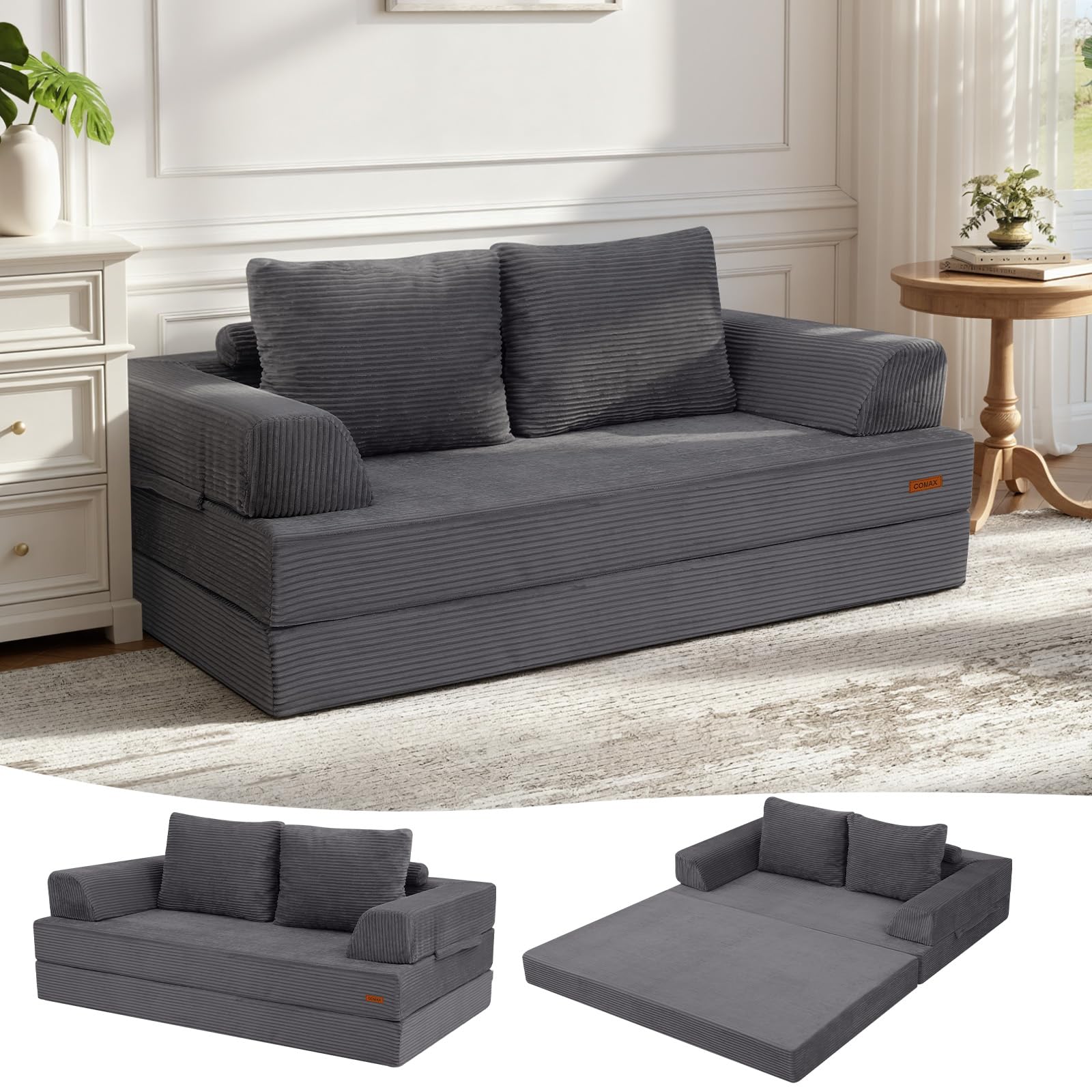 Photo 1 of ***BOX DAMAGED *** COMAX Convertible Sofa Bed, Folding Floor Couch Corduroy Fold Out Couch Bed Futon Sleeper Mattress with Pillows, Boneless Sofa Comfy Lounge Loveseat for Living Room Bedroom, Grey