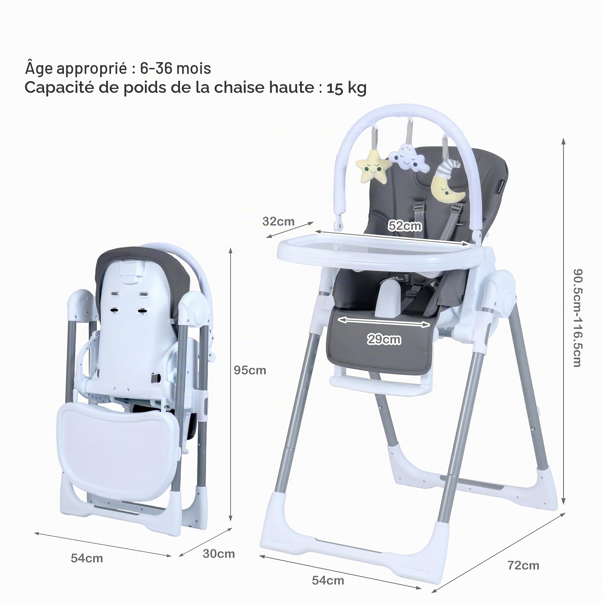 LIFEZEAL Chaise Haute Évolutive pour 6-36 Mois Bébé, Chaise Haute Pliable Réglable en Hauteur avec Ceinture de Sécurité, Repose-Pieds, 2 Plateaux Amovibles, Design Moderne pour Enfants (Gris)