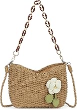 Women's Rattan Shoulder Bag with Flower Summer Boho Chic Handbags Woven Straw Basket with Acrylic Chain for Beach Vacation, brown