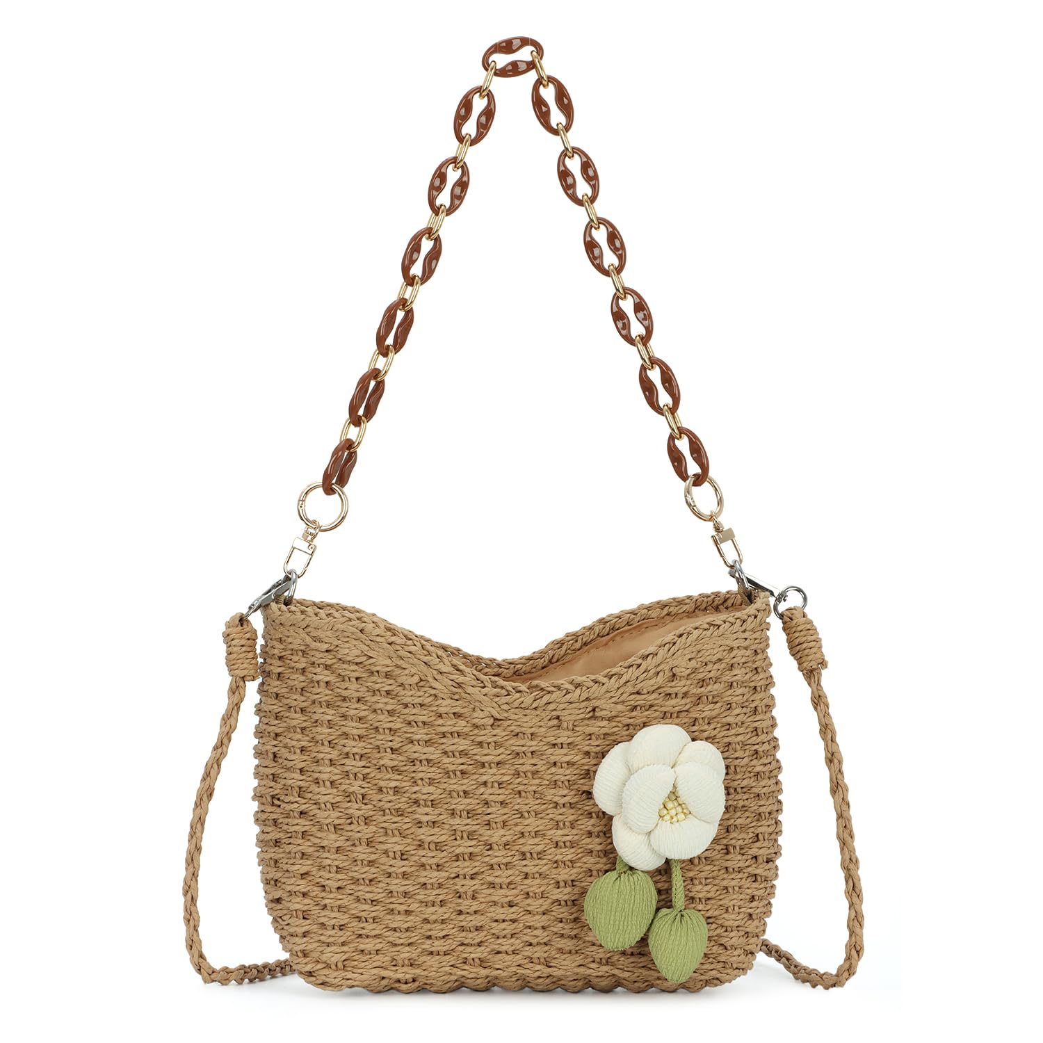 EVEOUT Rattan Umhängetaschen Damen mit Blume Sommer Chic Weidengeflecht Korb Tasche mit Schulterkette Elegant Gewebte Stroh Schultertasche