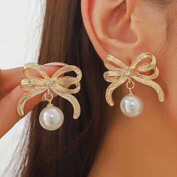 18K Gold Bow Earrings for Women, Elegant Pearl Accent Stud Earrings, Versatile and Stylish Jewelry for Everyday or Special OccasionsGold