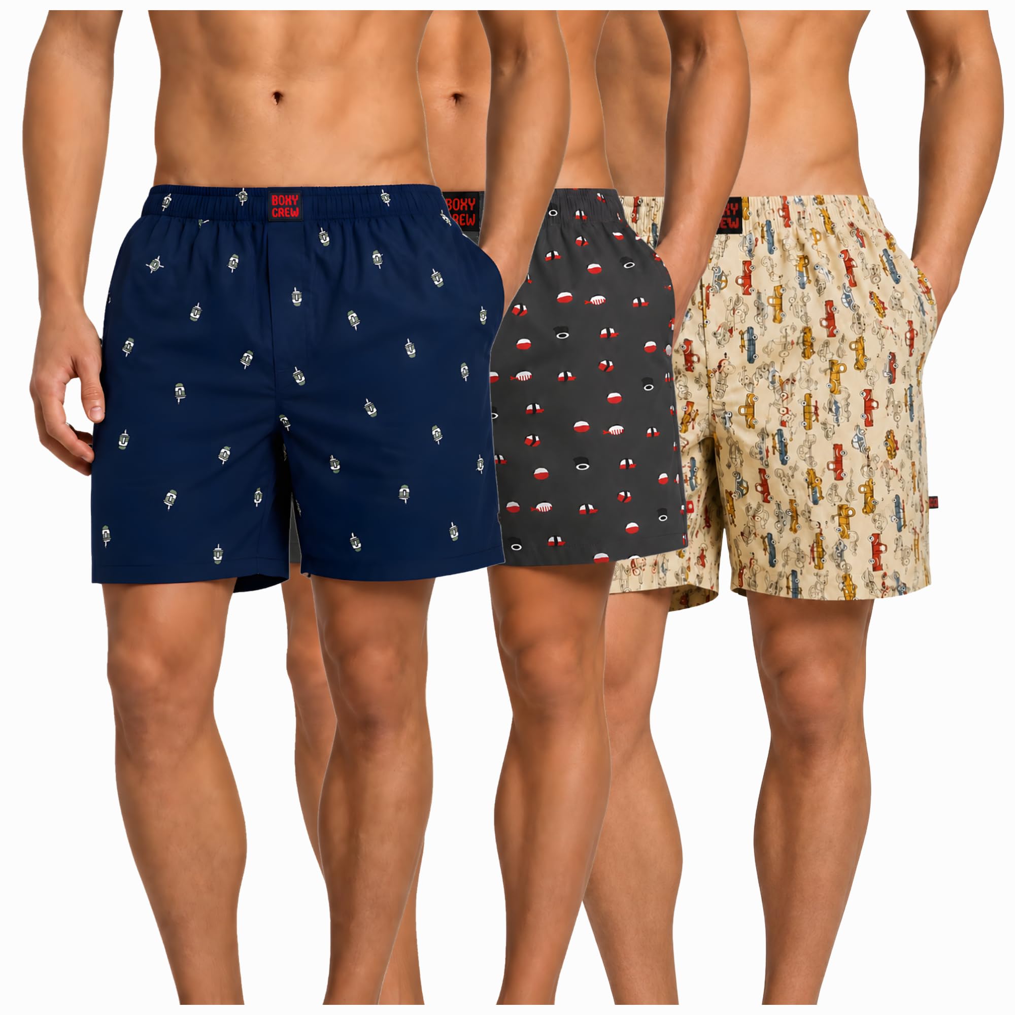 Men's 100% Cotton Boxer Shorts Pack of 3, Navy Blue, Charcoal & Beige | Woven Boxers with Side Pockets, No-Marks Elastic Waistband, Breathable Relaxed Fit | Style 011-012-013-image-41
