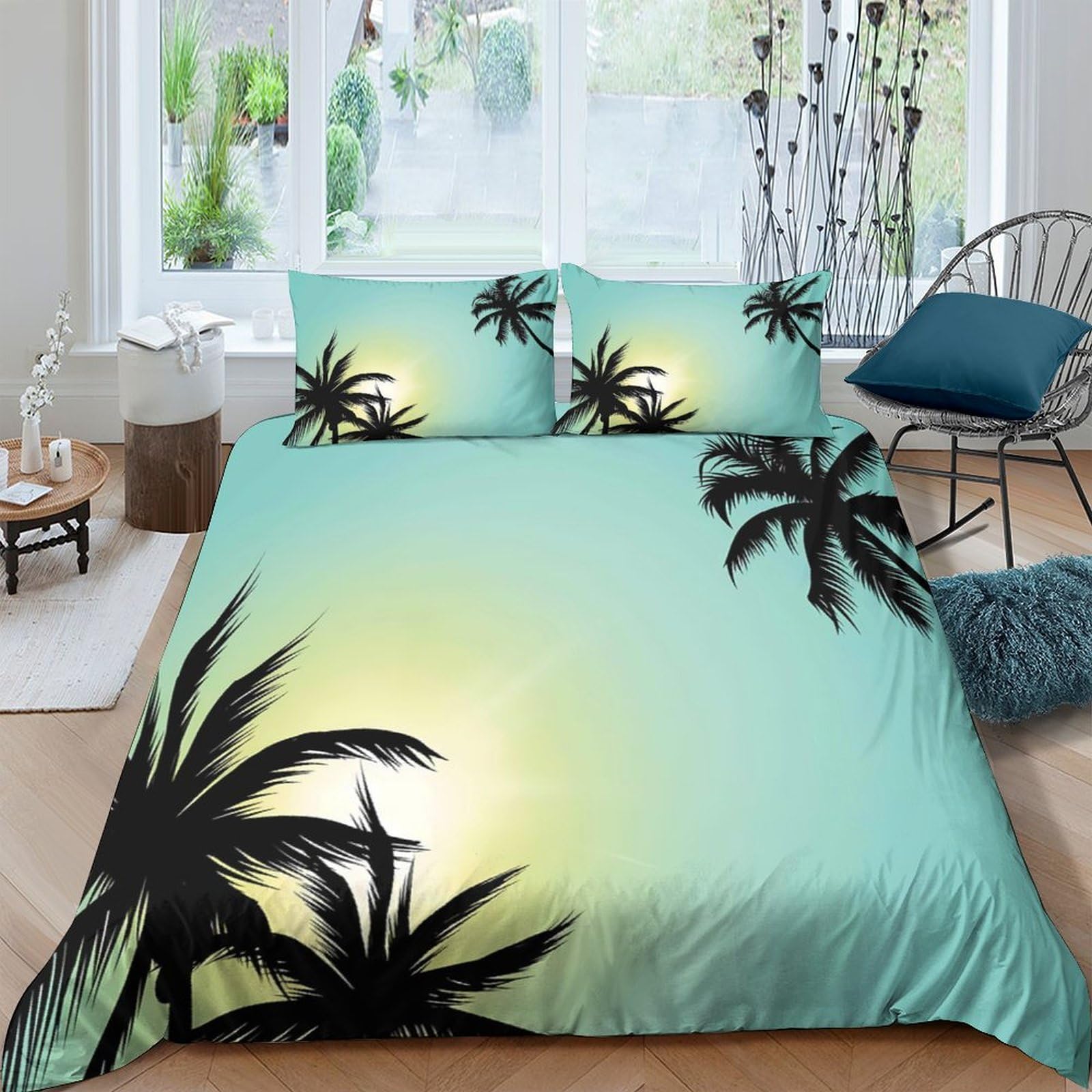 XFKLYNVCJ 3D Printed Palm trees Bedding Cover Soft Fabric Tropical sunset style Duvet Cover Lightweight Breathable Durable Easy Care Wrinkle Resistant for All Season Bedroom King（220x240cm）