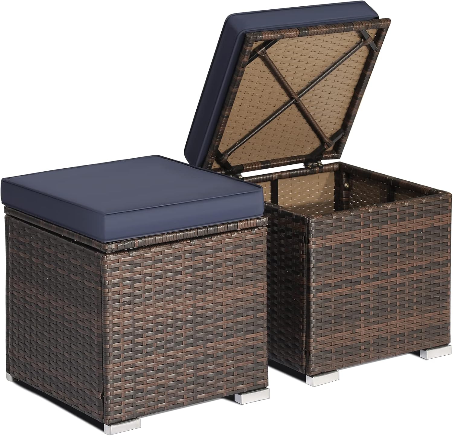 RELAX4LIFE Wicker Outdoor Storage Ottoman, 2-Piece Rattan Footstool w/Removable Cushion, Multipurpose Footrest Stool Side Table Additional Seating, Set of 2 Outdoor Ottomans for Patio Deck (Navy)