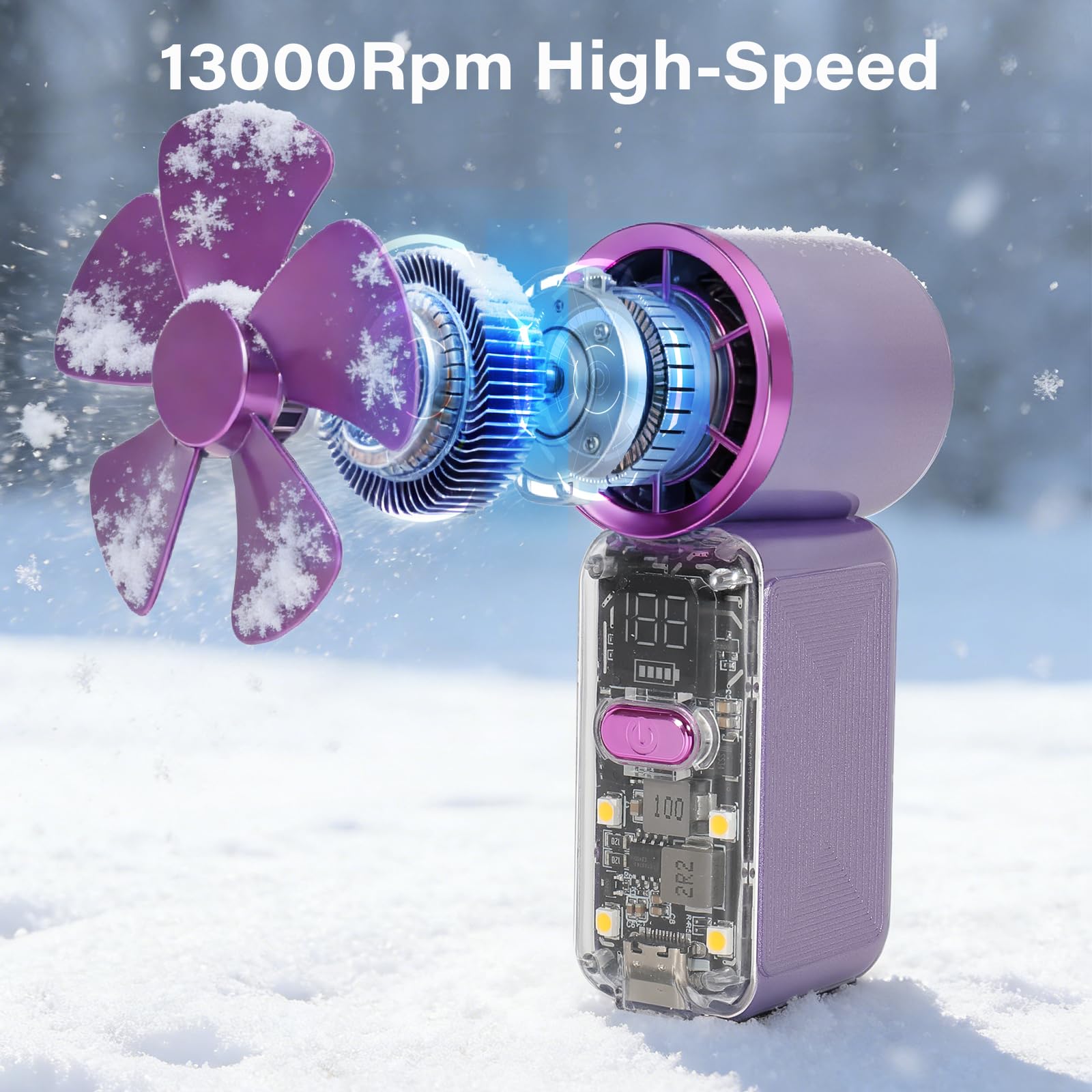 Ventilador turbo portátil de mano con luces, recargable por USB, funciona con pilas, mini ventilador de bolsillo pequeño con 5 velocidades para viajes, exteriores, vacaciones, conciertos