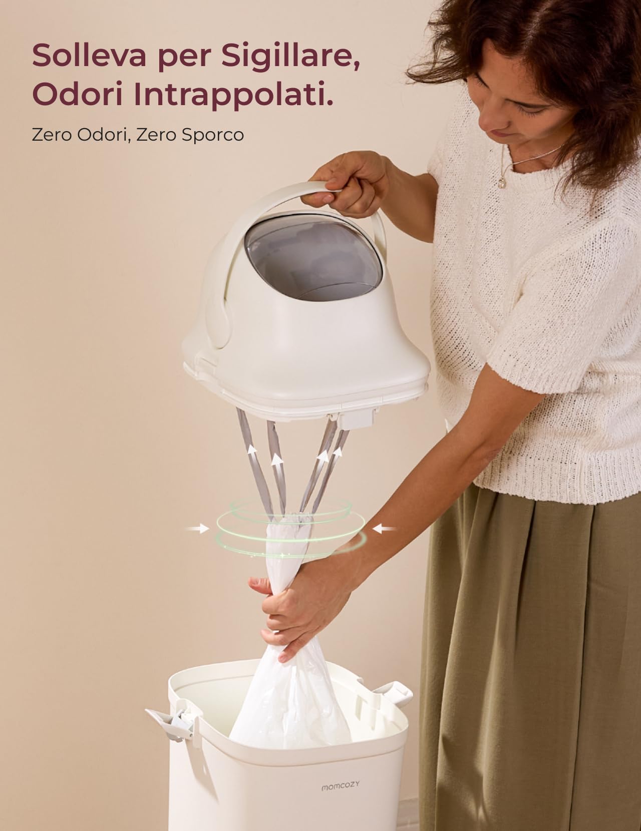 momcozy Mangiapannolini con Sistema Antiodore Brevettato a Tripla Sigillatura, Bidoncino Getta Pannolini ad Altezza Ergonomica, Finestra Visiva, Blocco Sicurezza, Usa Sacchetti Standard