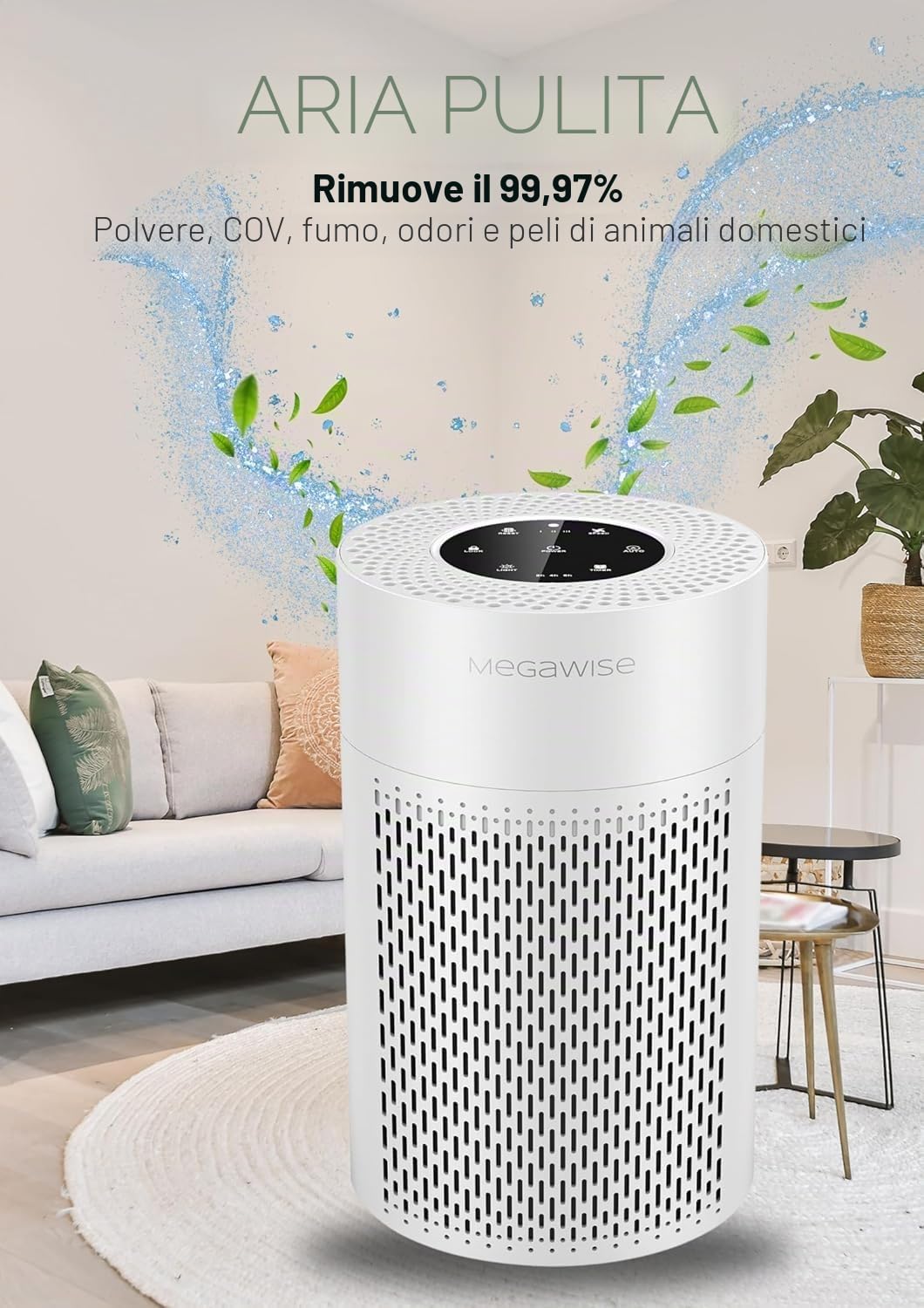 Purificatore d'aria per stanze grandi fino a 1080ft² Filtro HEPA H13 a 4 stadi, Carbone attivo, Sensore aria intelligente, Peli di animali domestici, Odori di fumo, Polvere, Silenzioso