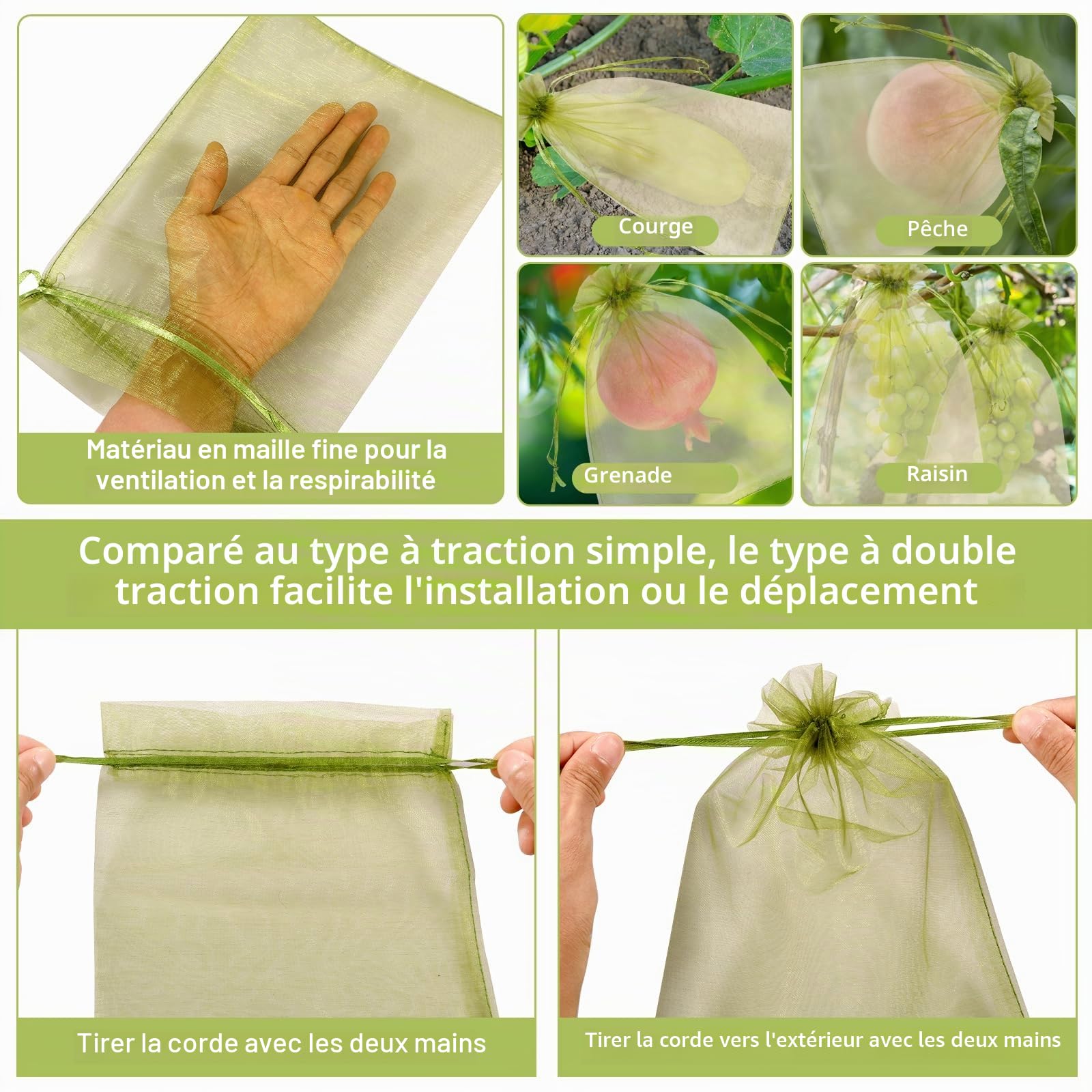 Sacs de protection pour raisins avec cordon de serrage 100 pièces - Réutilisables et respirants pour fruits (23 x 17 cm)