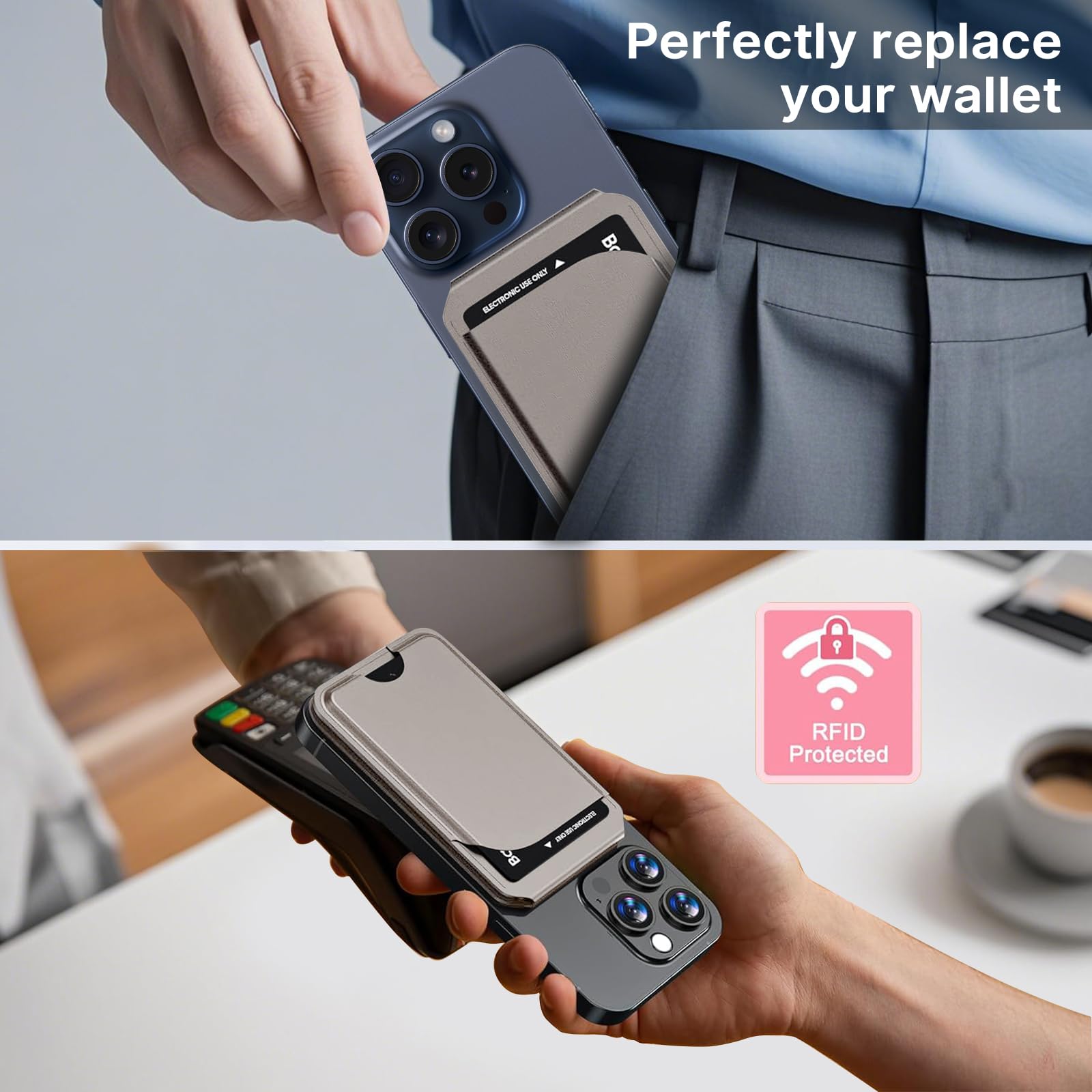 Magnetische Brieftasche für iPhone Handy Kartenhalter mit Verstellbarer Ständer 5 Kartenhalter/ID Fenster/RFID Blocker/PU Leder Wallet, für iPhone 17/16/15/14/13/12 Serie, Not for iPhone 13/12 Mini