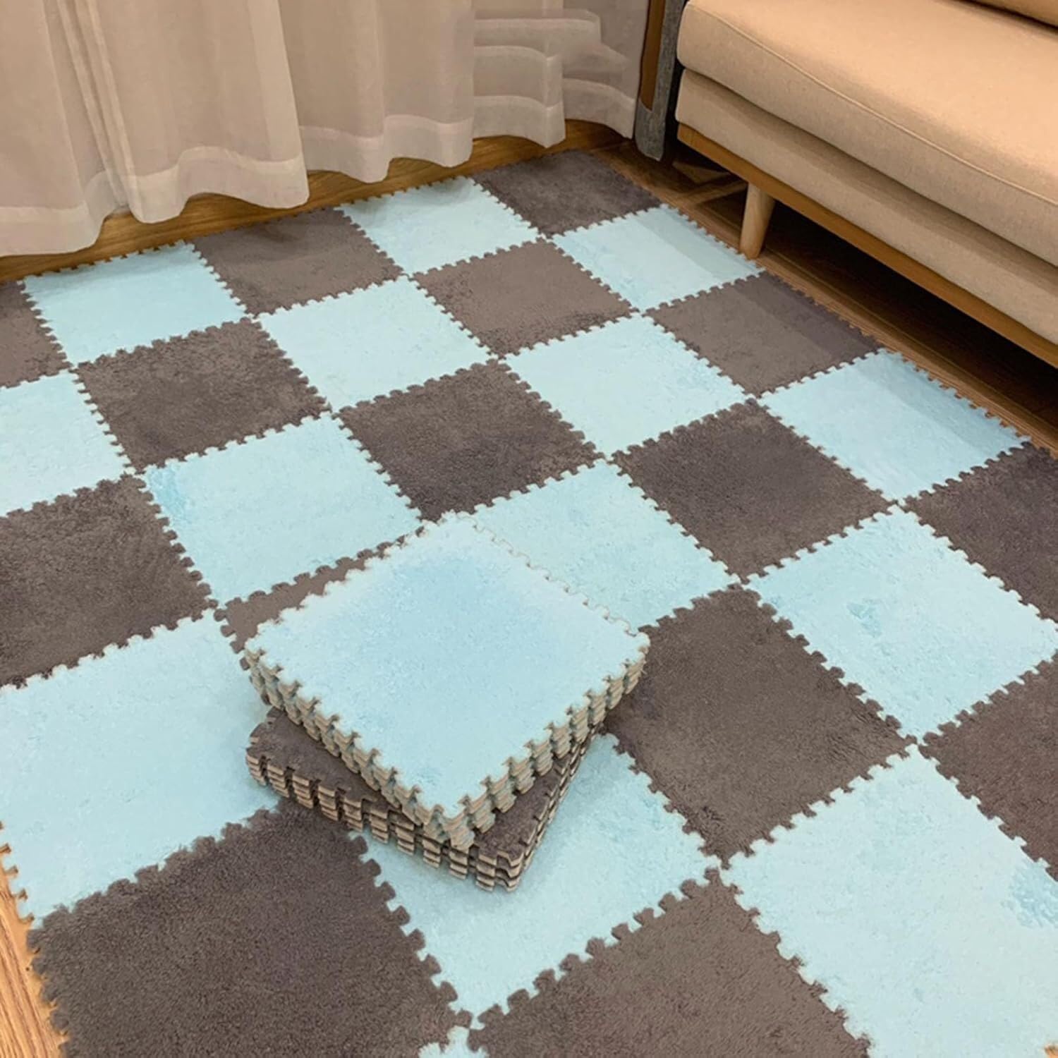 JvFbjLF Plush Foam Interlocking Floor Tiles Mats 1x1ft Foam Splicing Carpet Tiles With Edgings(Light Blue+Light Gray,30pcs)