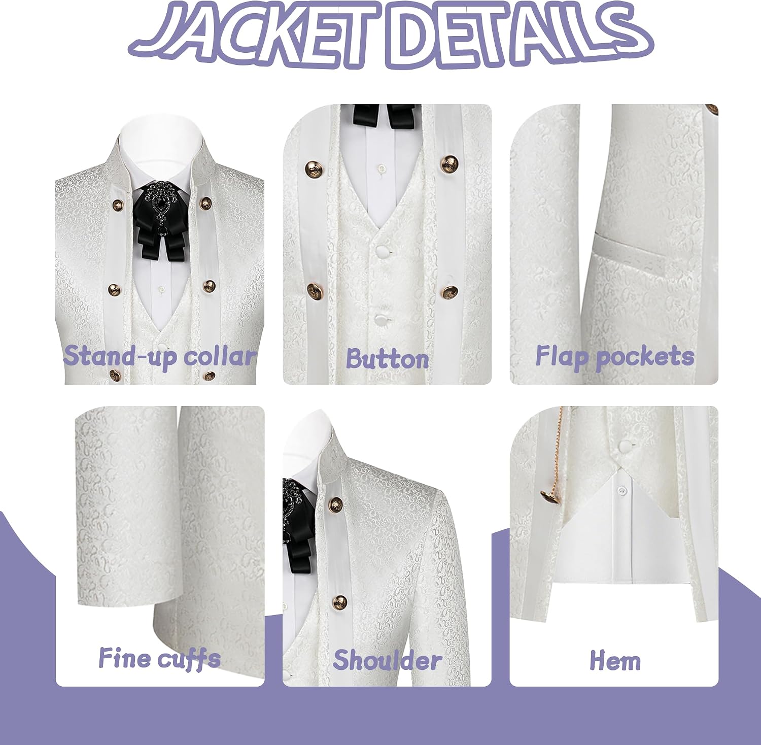 Suits for Men 3 Pieces Slim Fit Stand Collar Printed Tuxedo Blazer Vest Pants Wedding Prom Party Event Banquet Business