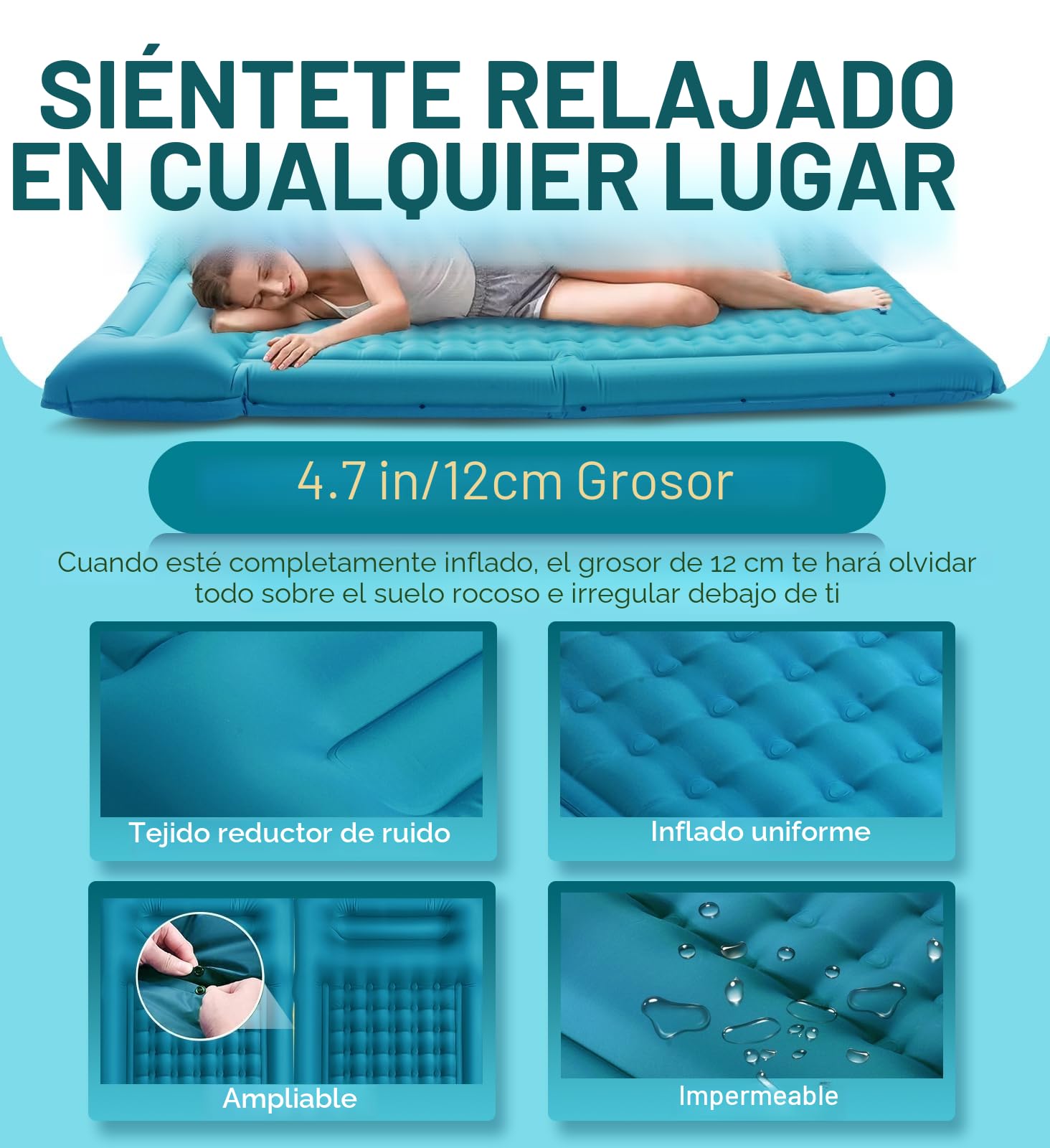 Colchón Hinchable 12CM Esterilla Camping Autoinflable, Colchoneta Camping con Almohada Colchoneta Autoinflable para Campin g, Senderismo, Playa, Tienda de Campaña,Azul Turquesa