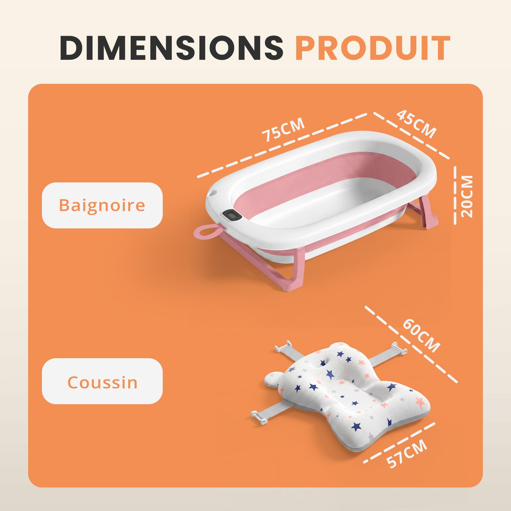 JUPPLIES Baignoire Pliable Bébé avec Coussin Ergonomique et Thermomètre Digital | Baignoire Bébé Antidérapante sur Pied | Bain Bébé Compact Facile à Ranger | 75x45x20cm (Rose, Sans Pattes)