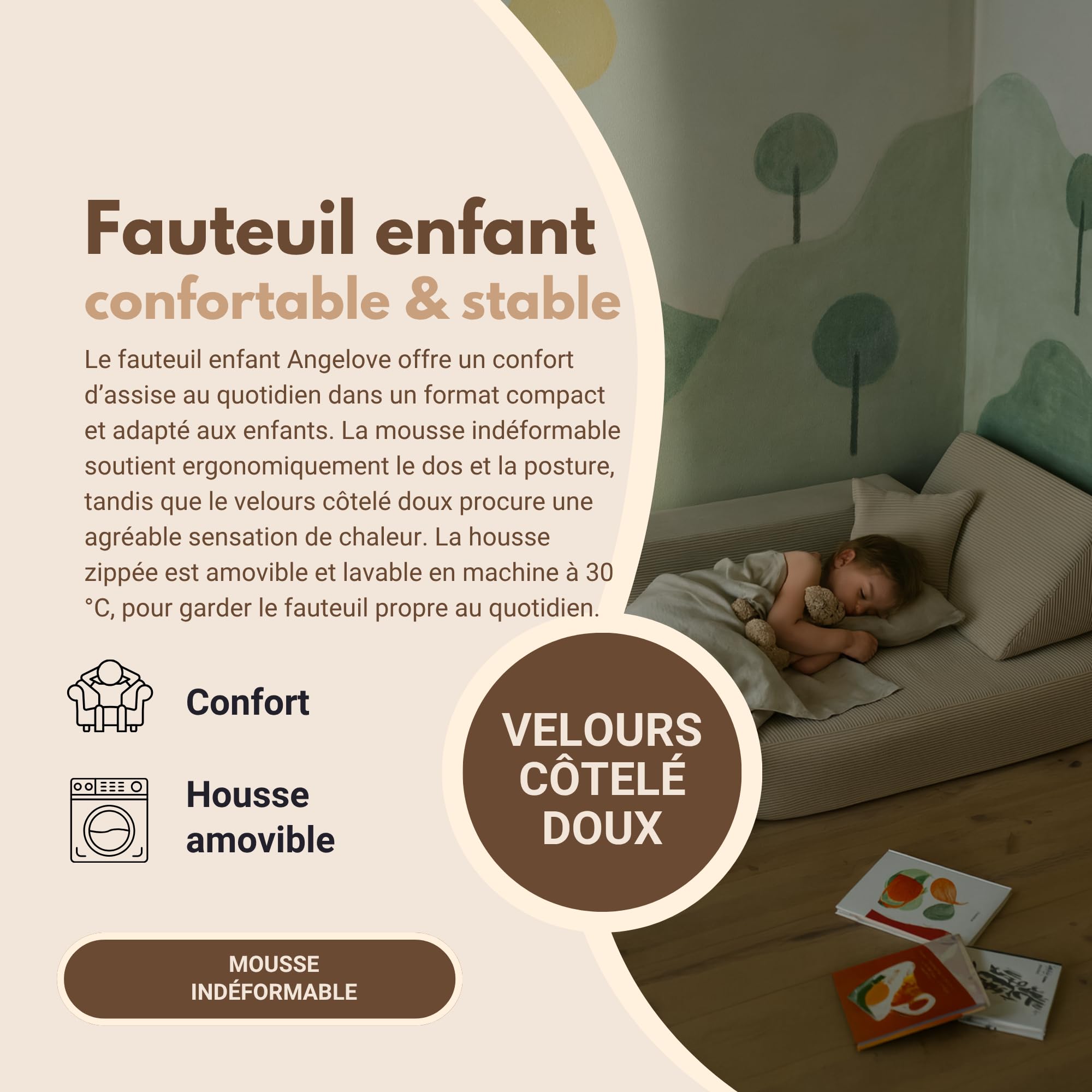 Angelove Fauteuil Enfant 3‑en‑1 - Canapé Modulable et Matelas de Jeu en Velours Côtelé, Confortable dès 1 an, Beige